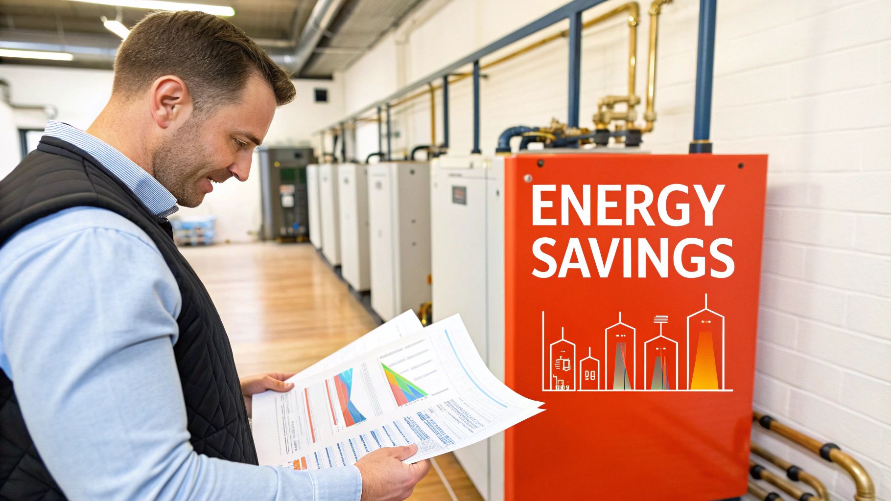 Workers checking gauges on a commercial heating unit