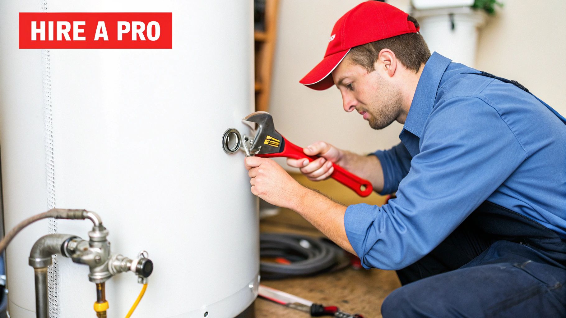 A professional plumber from Armor Hydro Jetting carefully works on a water heater, ensuring all connections are secure.