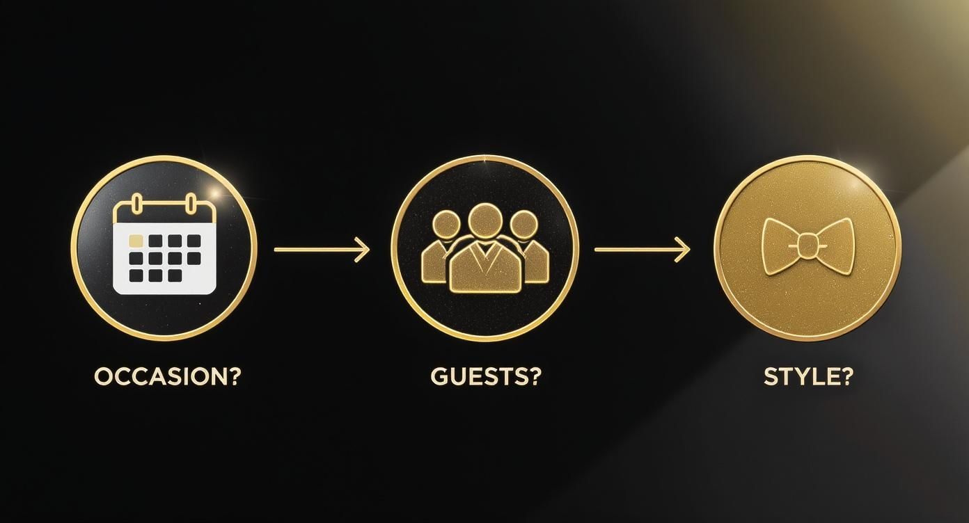 Your Guide to Limousine Classic Cars on Long Island 3 An infographic decision tree for choosing a classic limousine, with icons for occasion, guest count, and style.