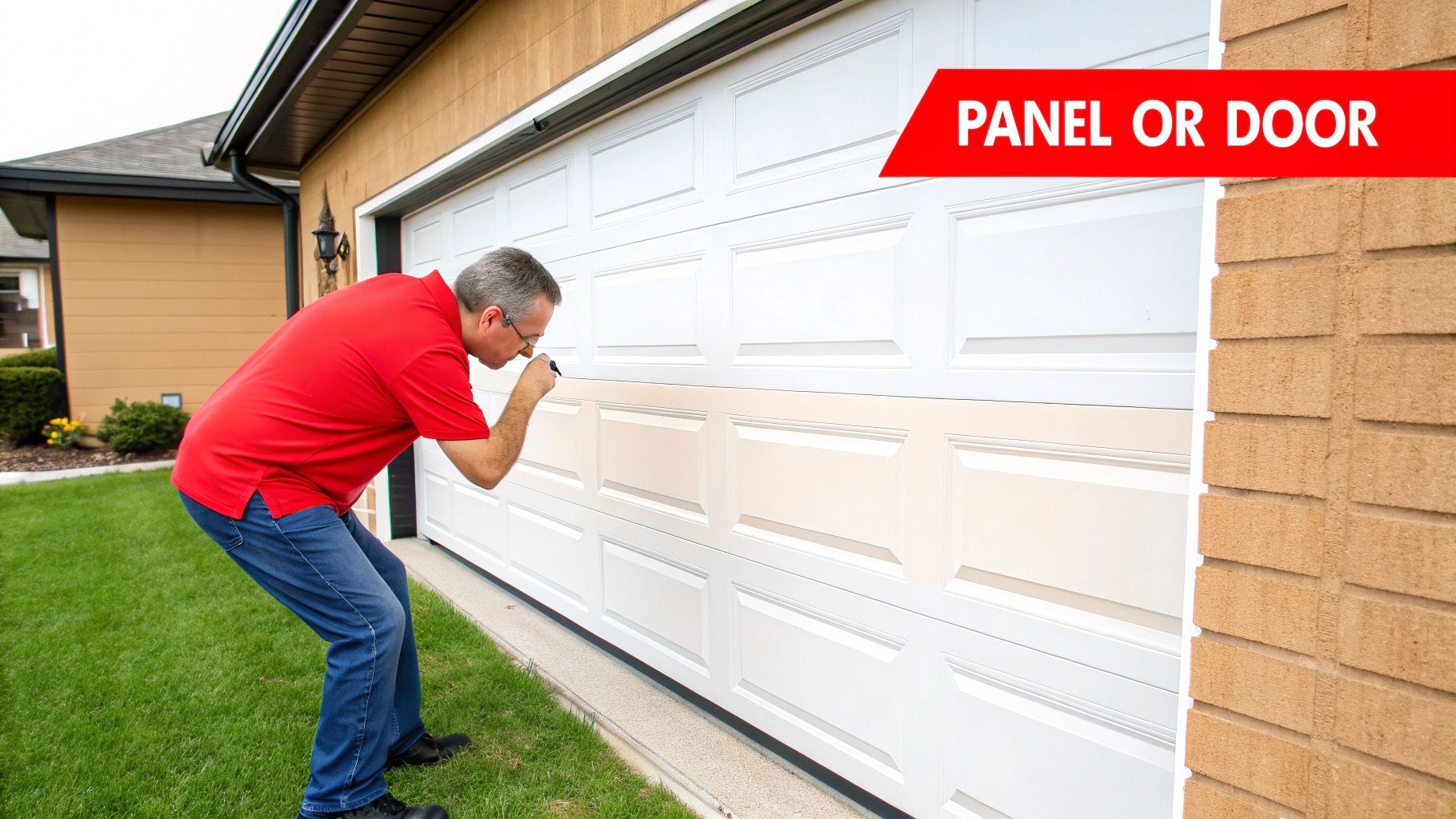 A garage door with one clearly damaged panel, highlighting the common issue homeowners face.