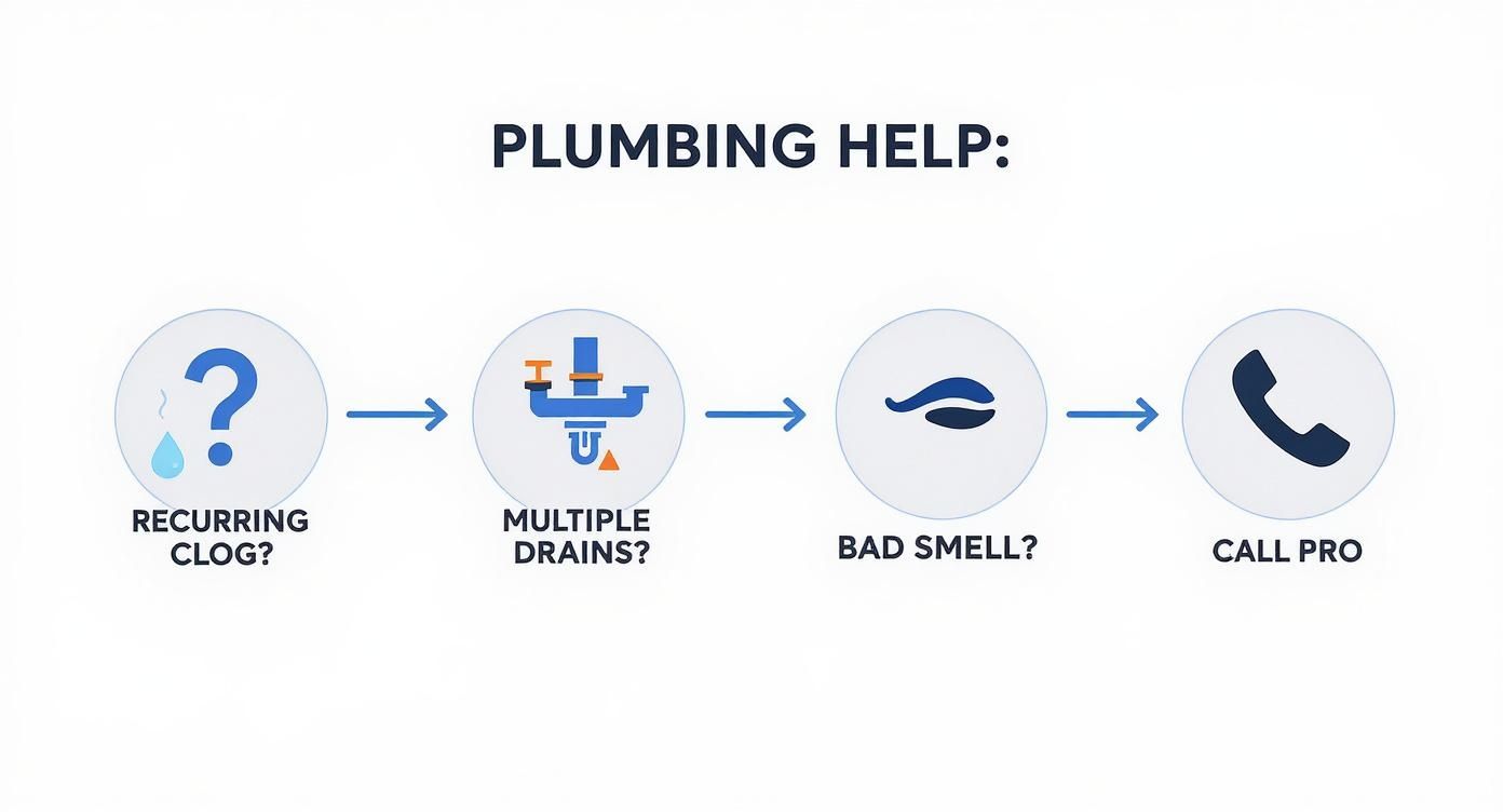 An infographic decision tree showing icons for recurring clogs, multiple drains, bad smells, and calling a professional plumber.