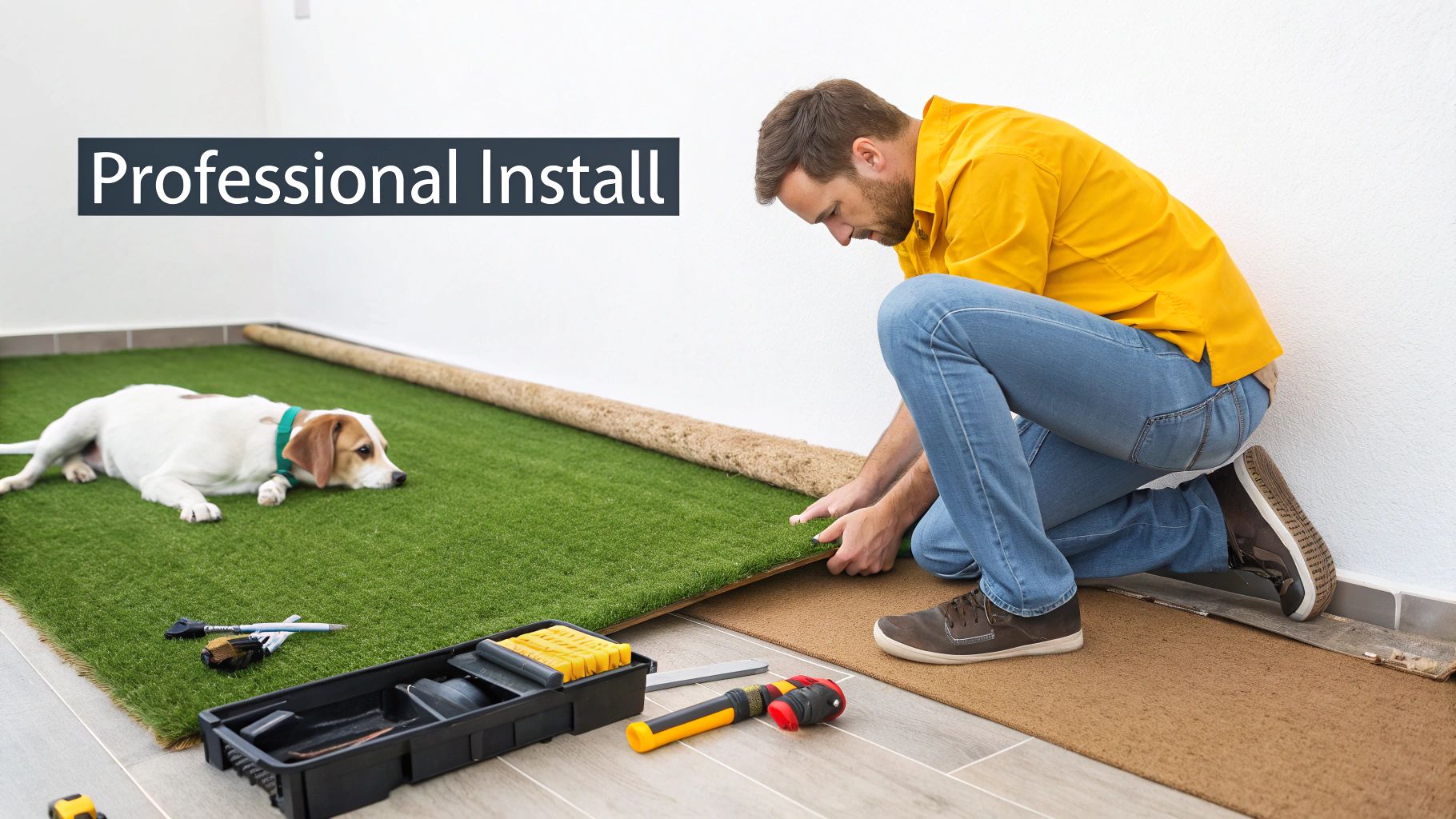 Professional landscaper installing pet-friendly artificial turf