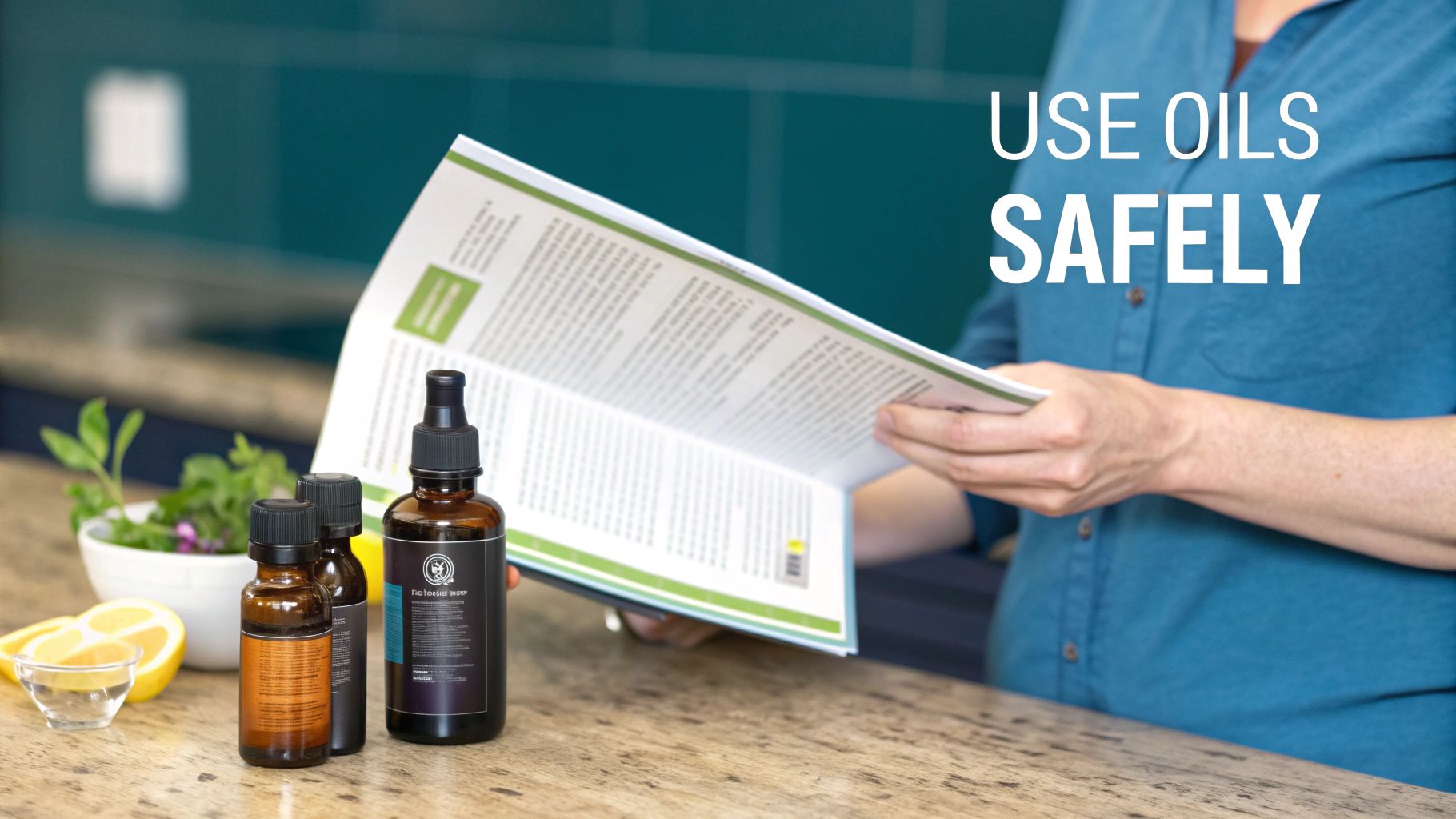 A woman relaxing in a bathtub with flower petals and a small bottle of essential oil nearby.