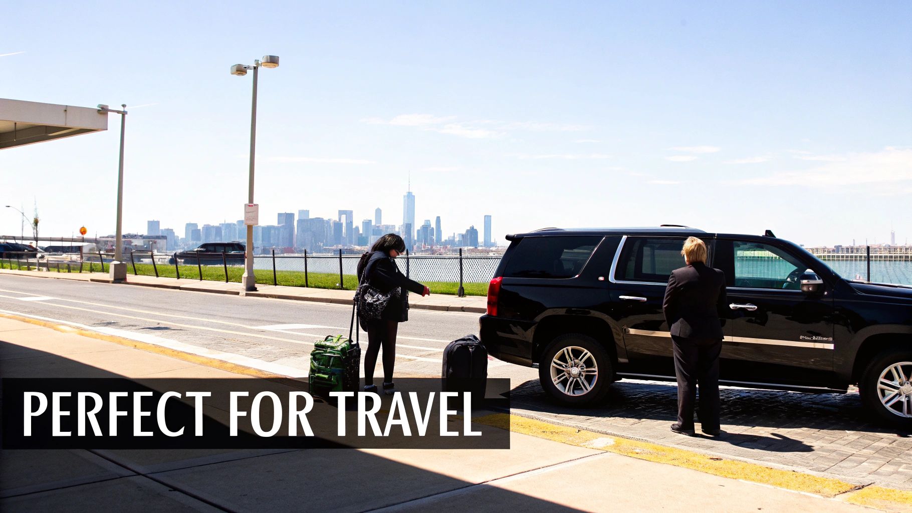 A black luxury sedan waiting for a passenger in a city setting, conveying professionalism and punctuality.
