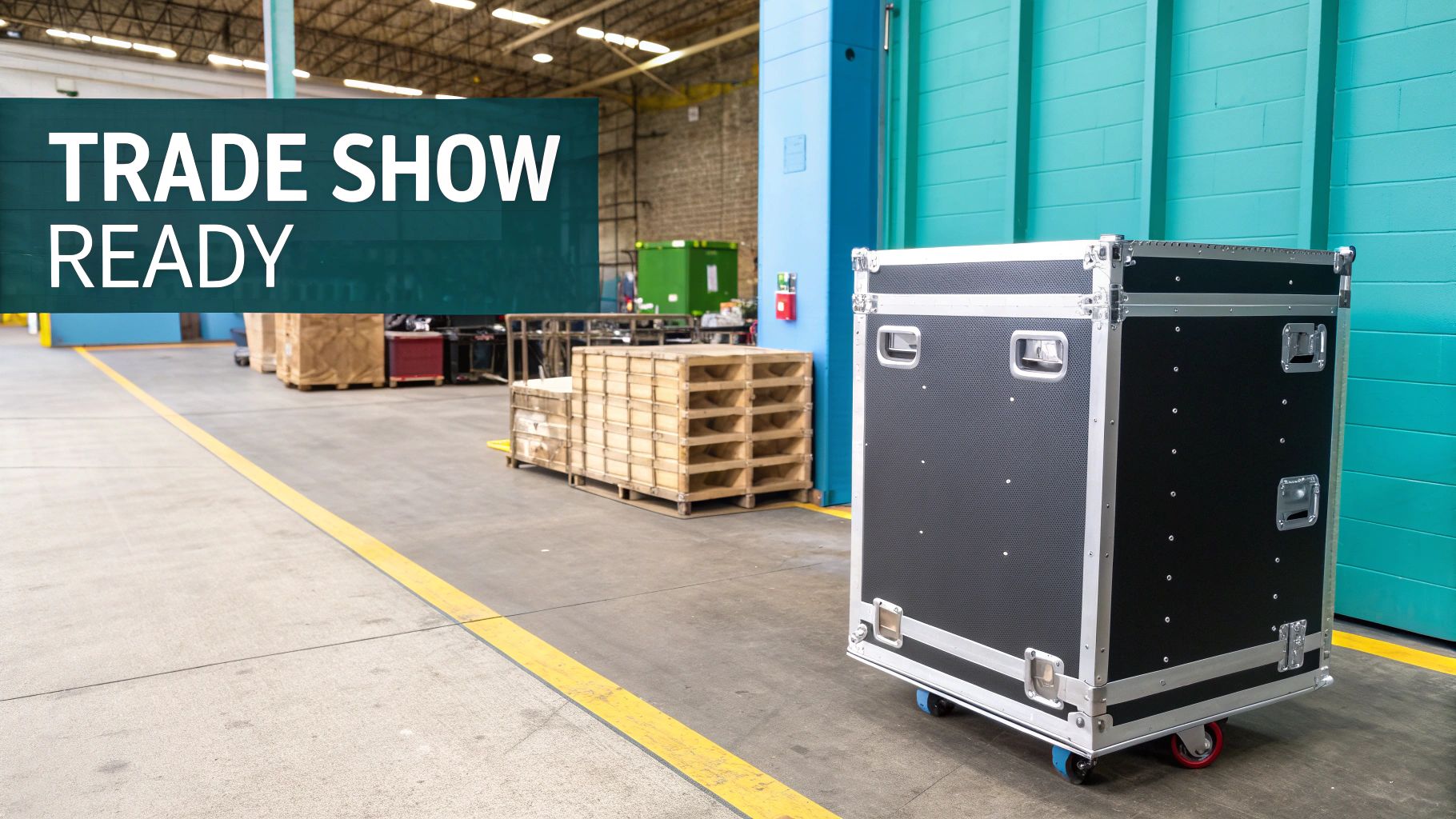 A durable, wheeled trade show shipping case ready for transport in a warehouse.
