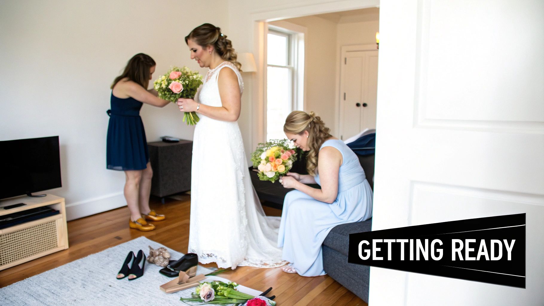 A bride getting ready with her bridesmaids, showing a calm pre-ceremony atmosphere