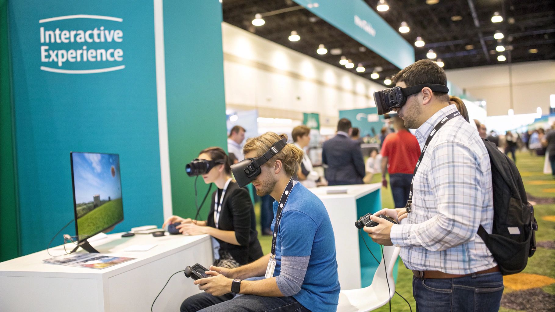 A person interacting with a large touchscreen display at a modern conference booth.