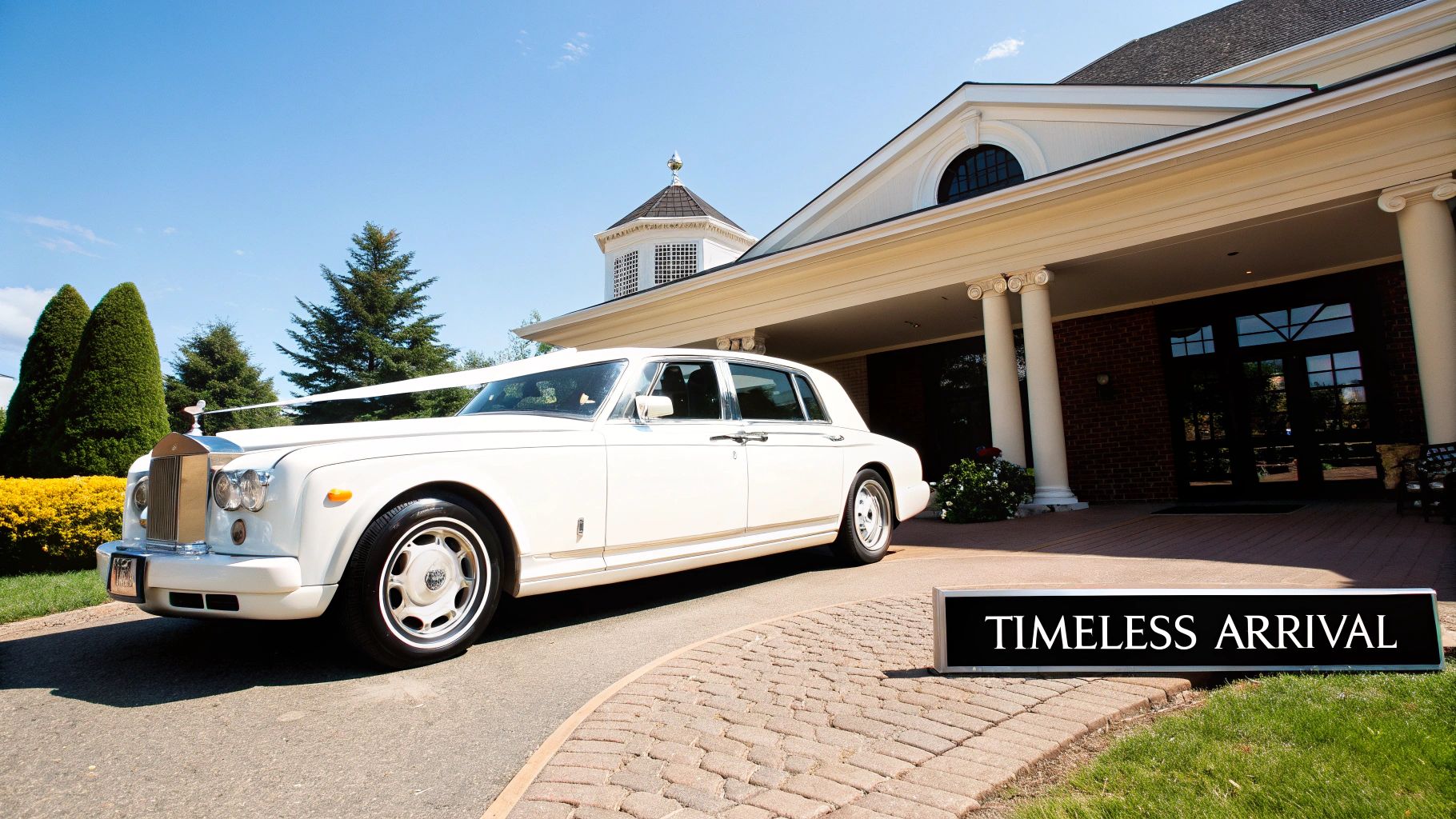 Your Guide to Limousine Classic Cars on Long Island 1 A gleaming white classic Rolls-Royce limousine parked in front of a grand Long Island estate, ready for a wedding.