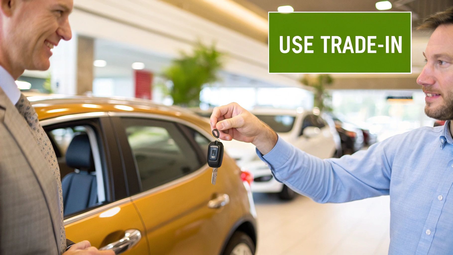 A person handing over car keys, representing a successful trade-in