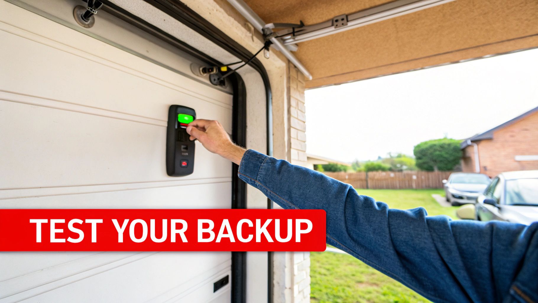 A person inspecting the battery inside a garage door opener motor.