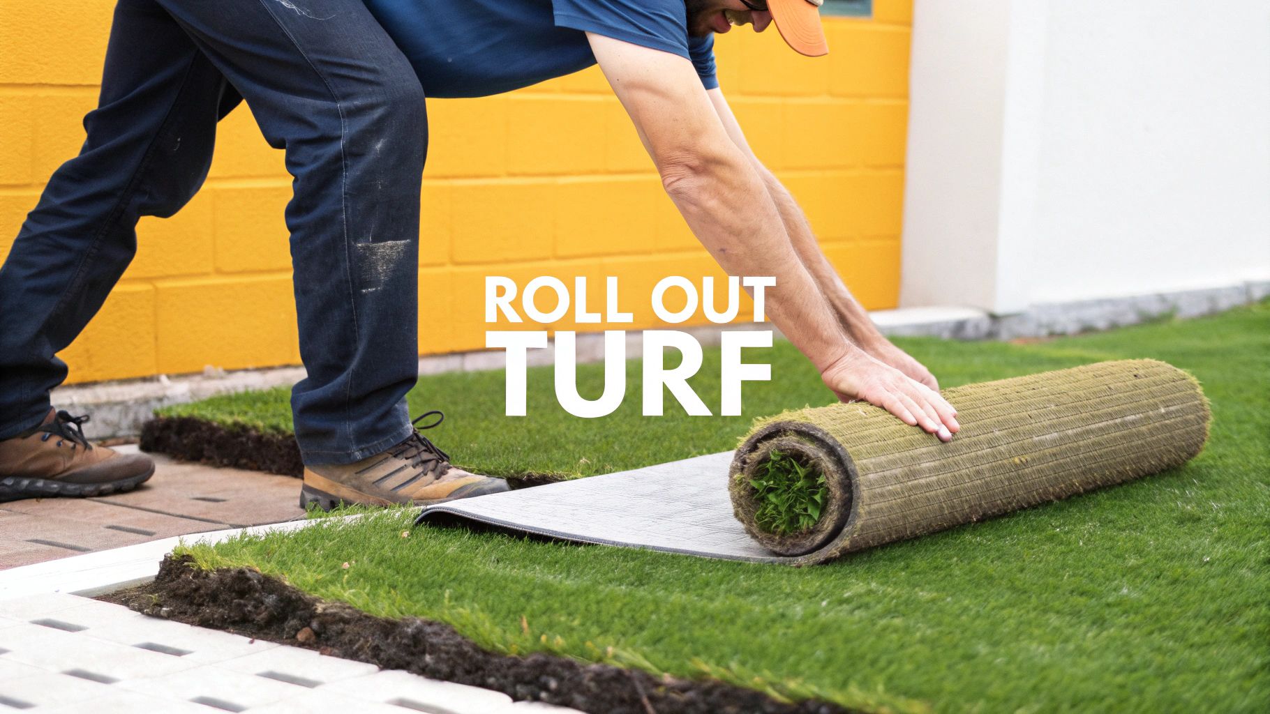Two professionals carefully seaming two large pieces of astroturf together on a prepared base.