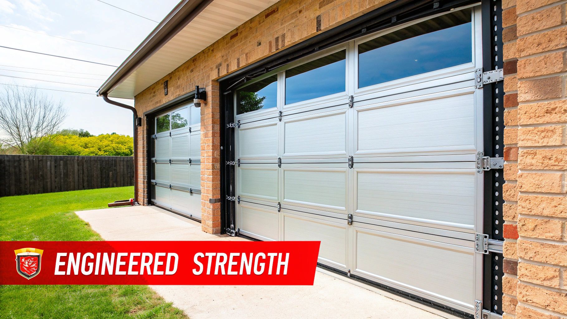 A detailed view of the reinforced steel bracing on the inside of a hurricane rated garage door.