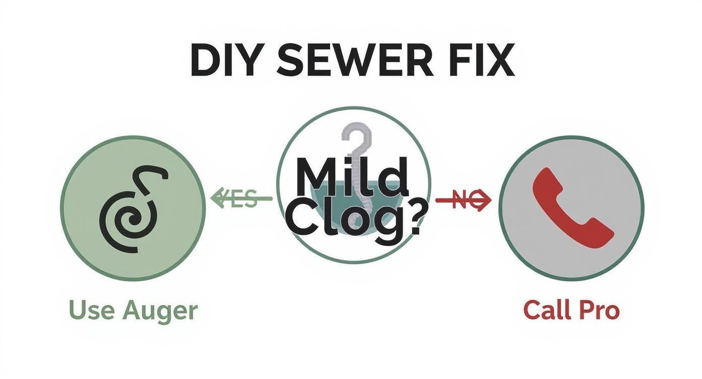 Infographic decision tree asking if a sewer clog is mild. If yes, it points to using an auger. If no, it points to calling a professional.