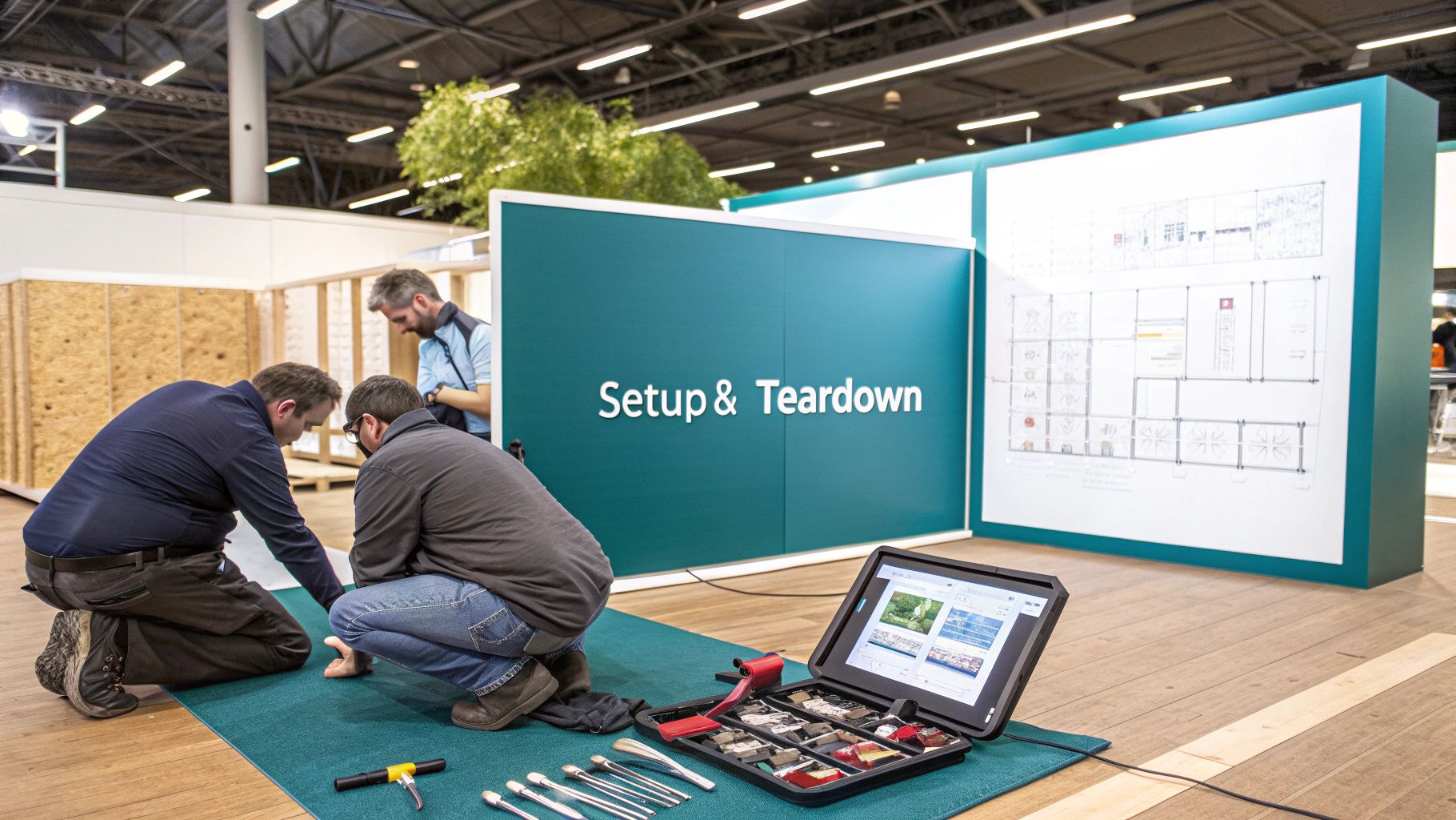 A trade show booth being set up on the convention floor