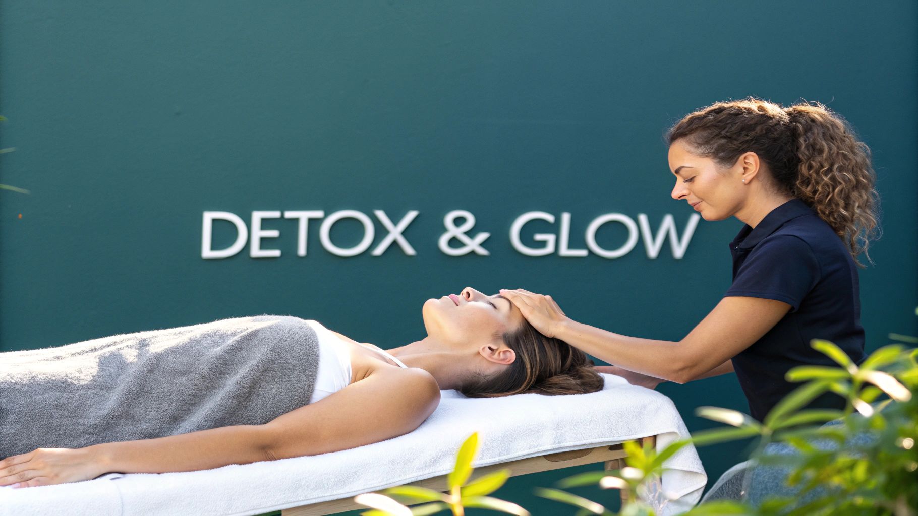 Woman receiving a gentle lymphatic drainage massage on her neck.