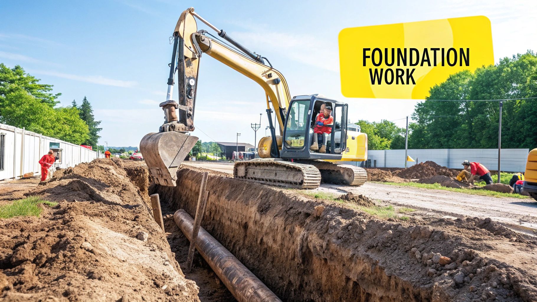 Excavator moving earth on a large construction site.
