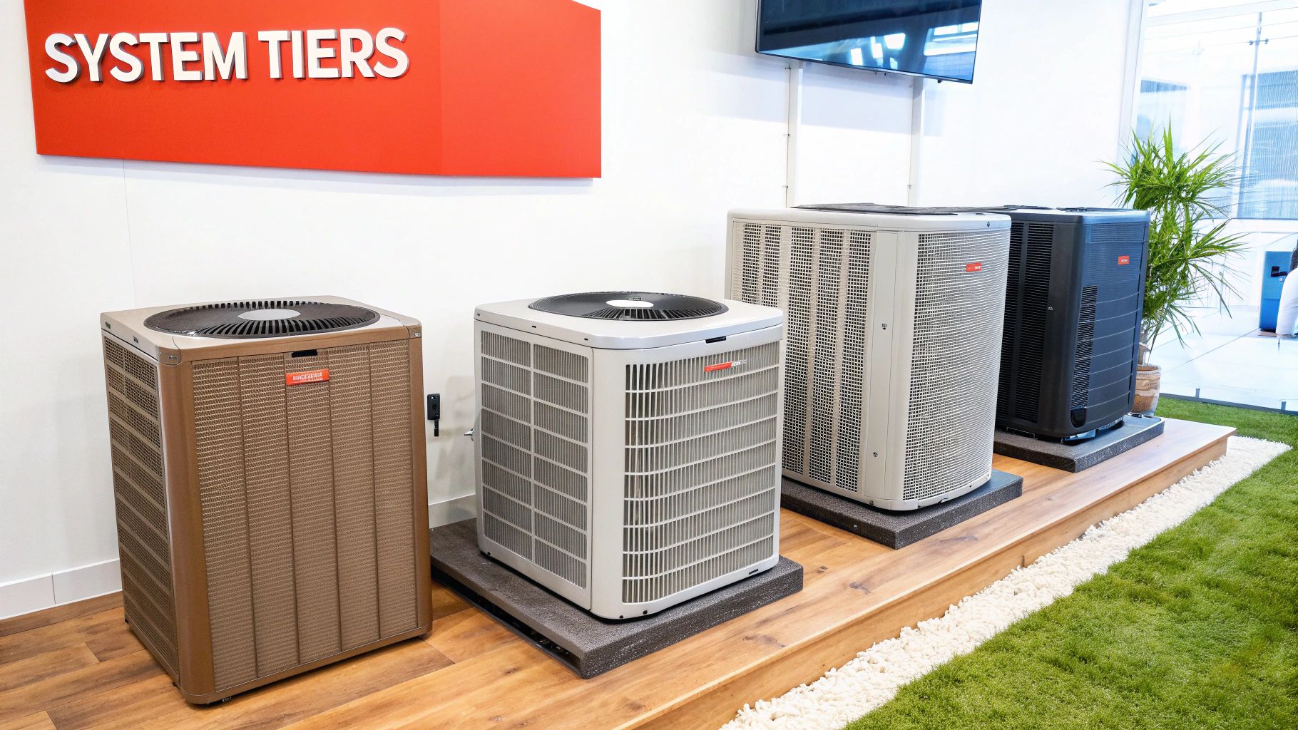 A modern, high-efficiency central air conditioner unit installed outside a building.