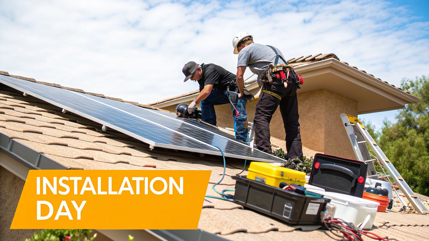 Solar installation team working on a rooftop