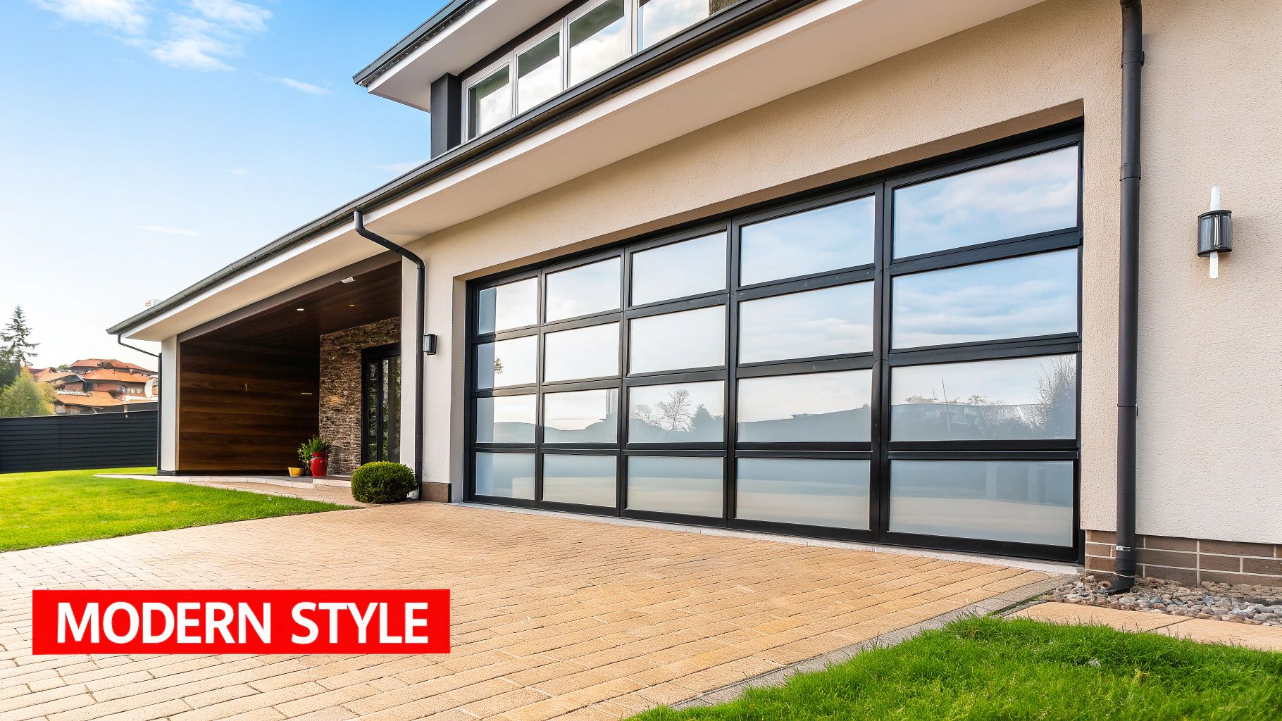 A modern home with a sleek, full-view glass garage door