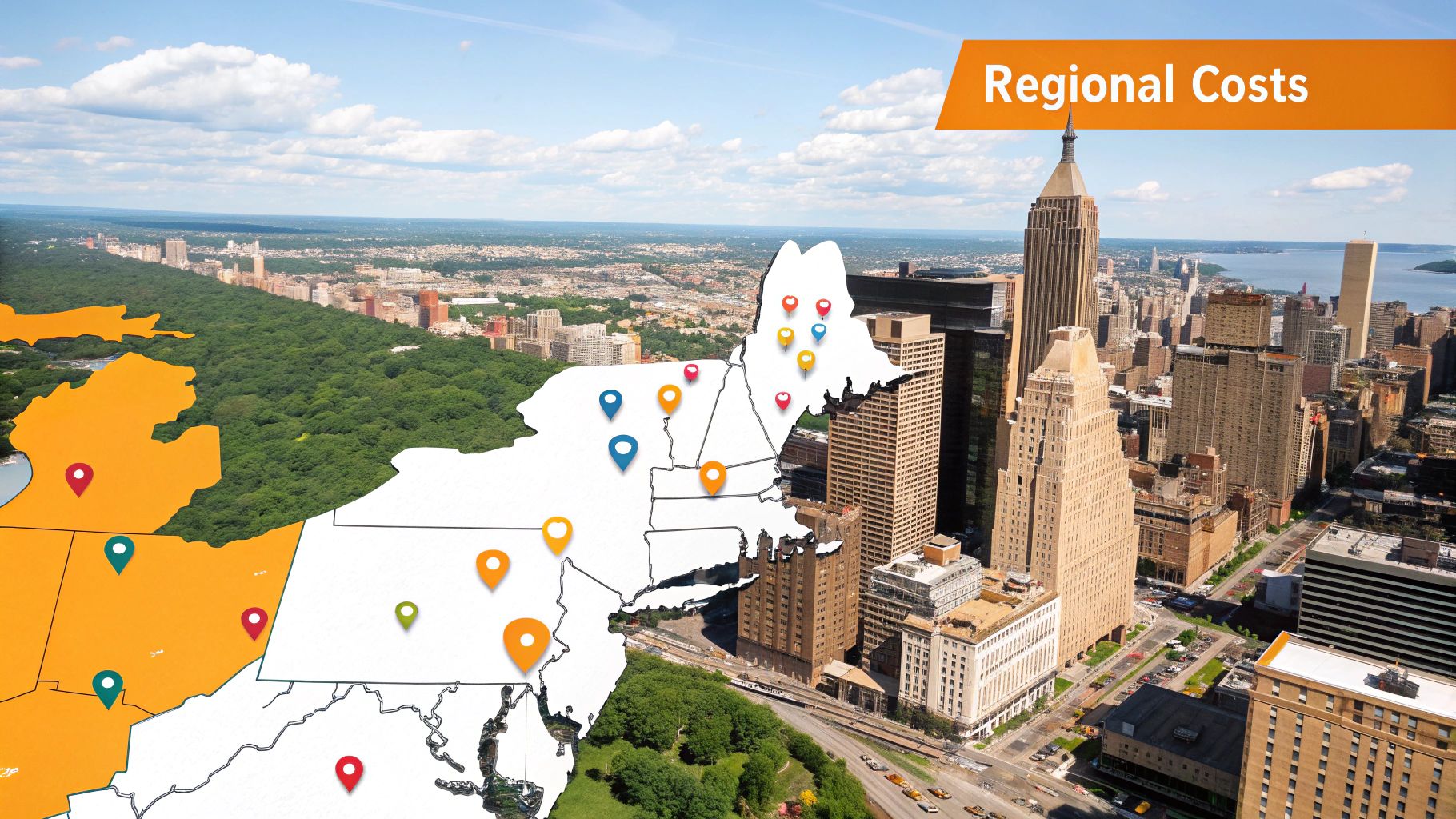 A map of New York with pins highlighting different regions, symbolizing varied installation costs.