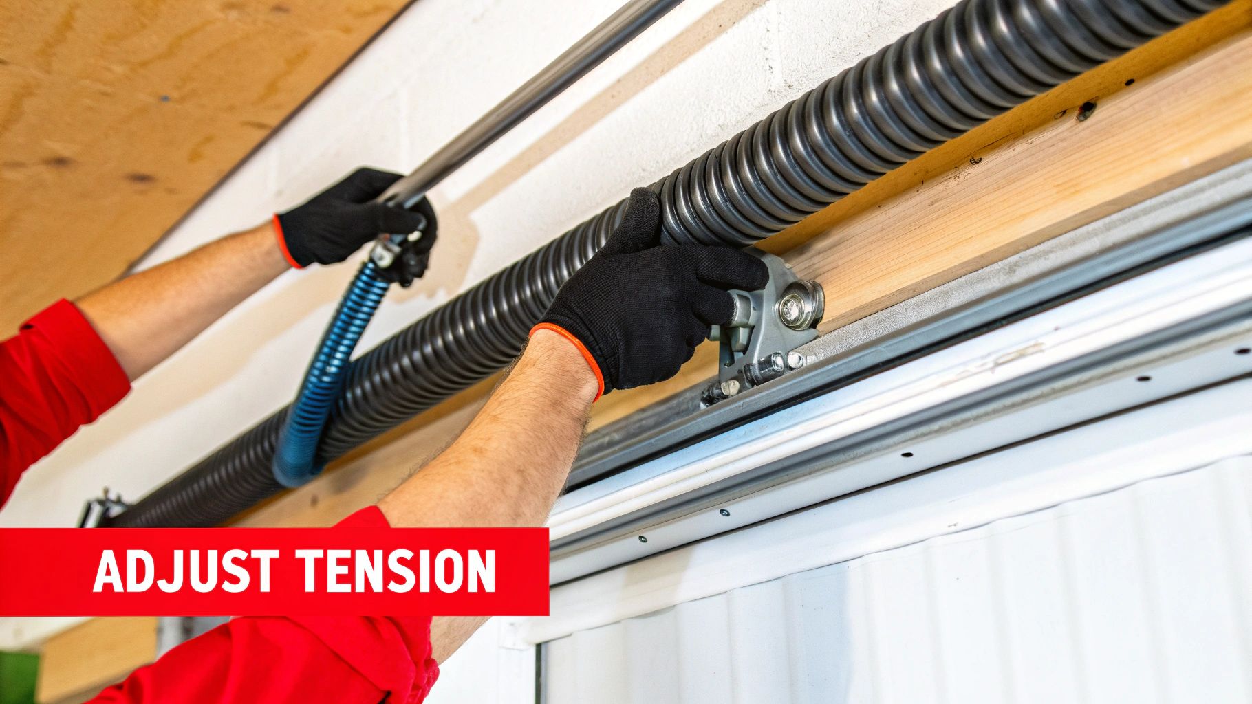 Technician inspecting the springs of an overhead door