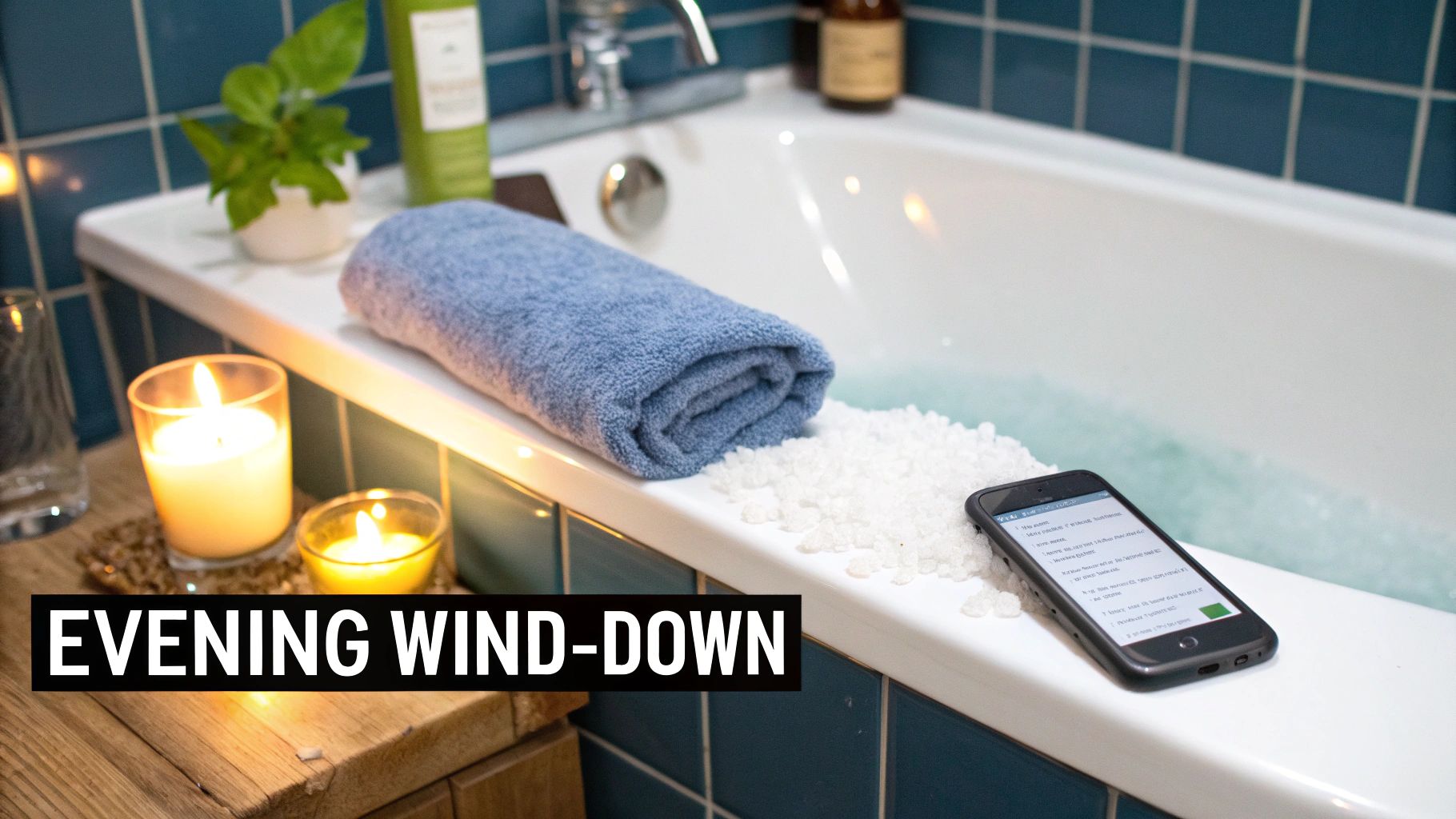 A serene home bathroom setup with a lit candle, a bowl of Epsom salts, and a neatly folded towel, creating a spa-like atmosphere.