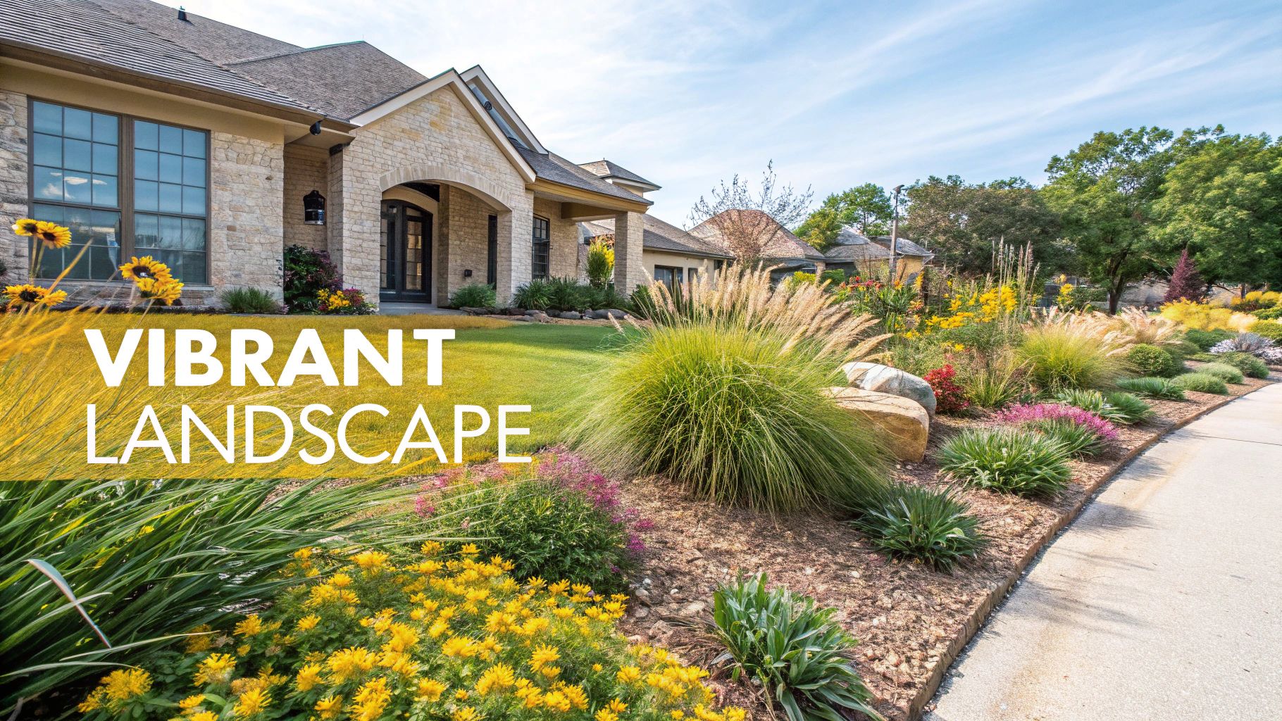A well-manicured lawn with layered garden beds featuring shrubs and colorful flowers.