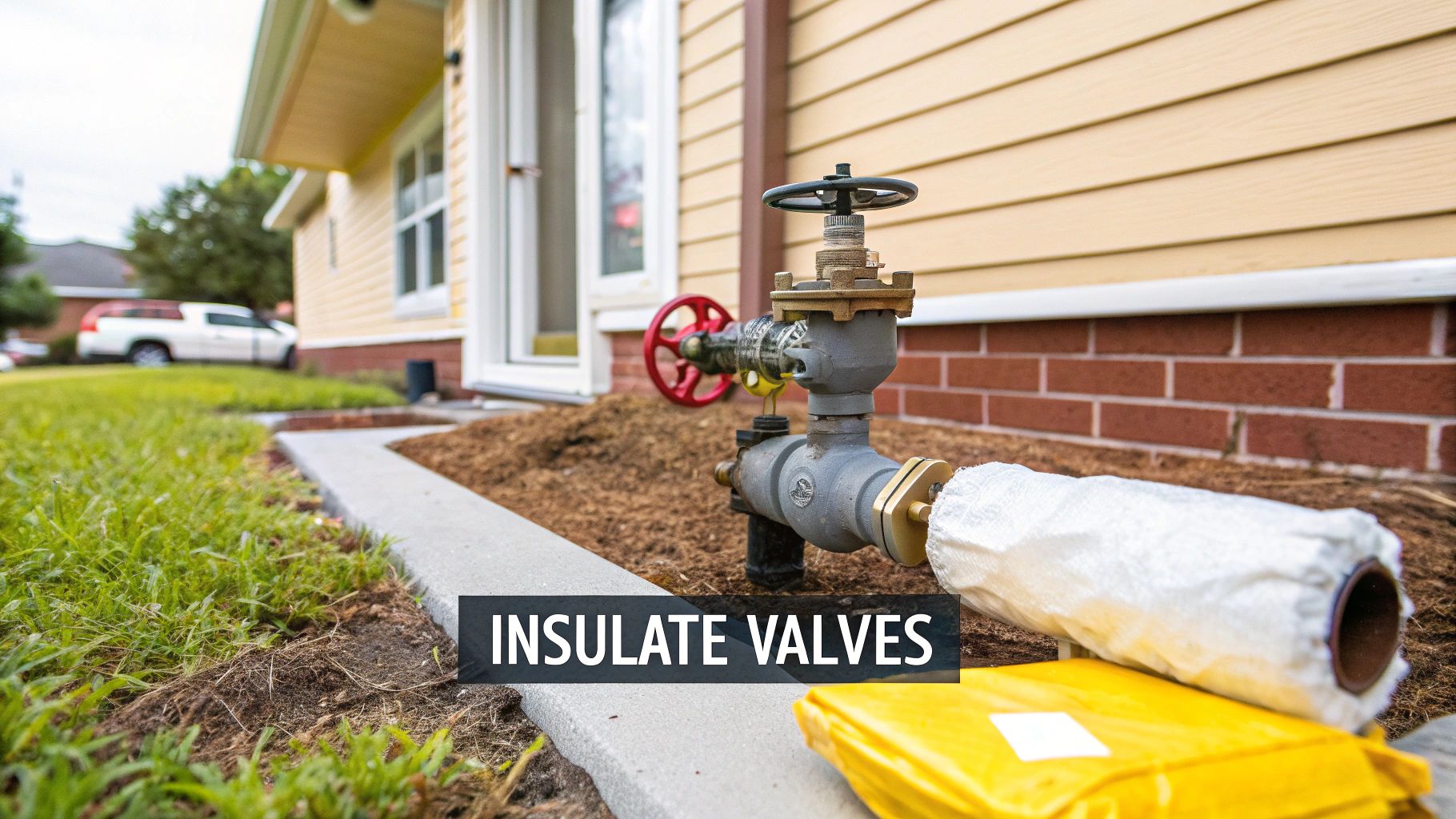 A person wrapping insulation around an exposed backflow preventer pipe.