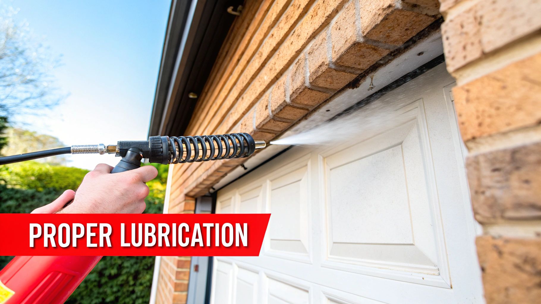 A person safely lubricating the hinges and rollers of a garage door.