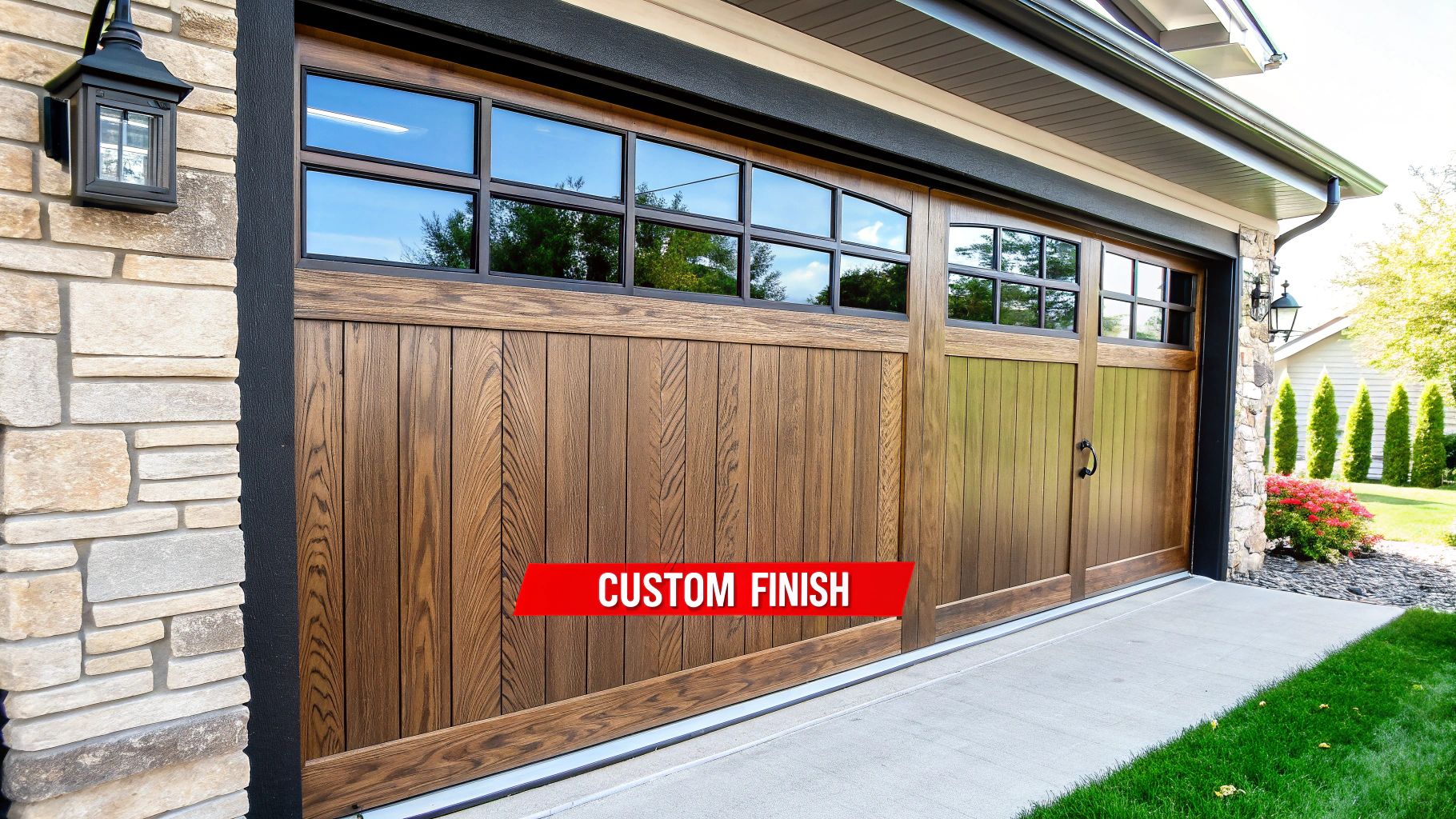 A sleek black garage door with frosted glass windows on a modern home.