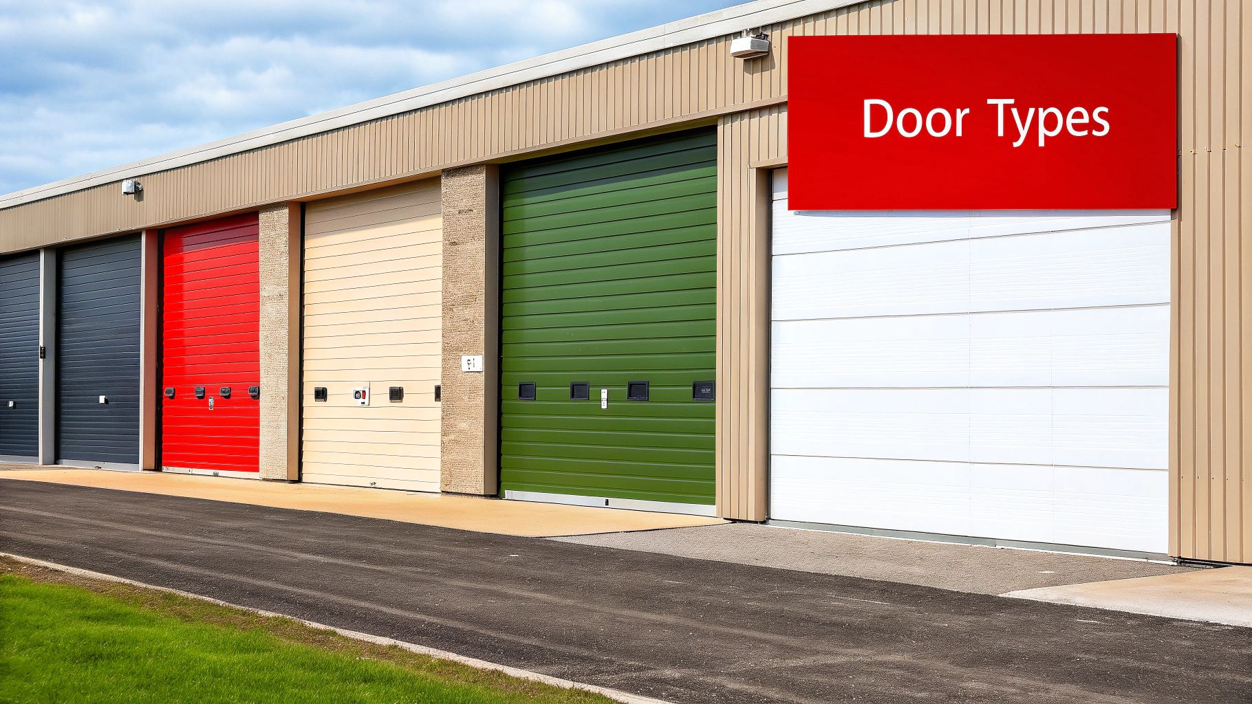 A sturdy commercial garage door on a modern brick warehouse, highlighting its role in business operations.