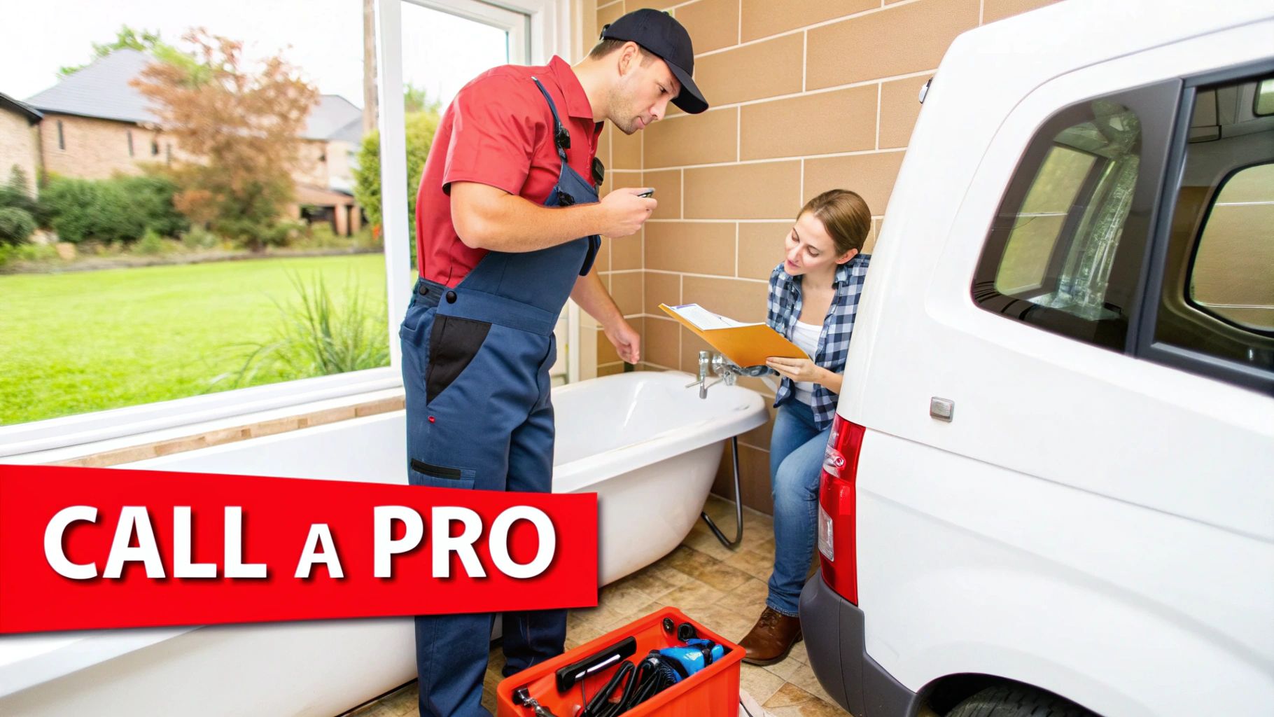 A professional plumber using a drain snake in a bathtub
