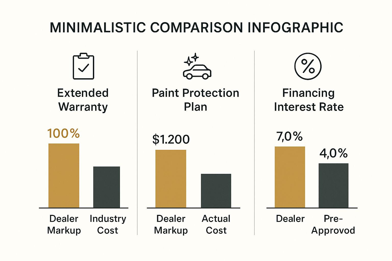 Infographic comparing dealer markups on warranties, protection plans, and financing rates to their actual costs.