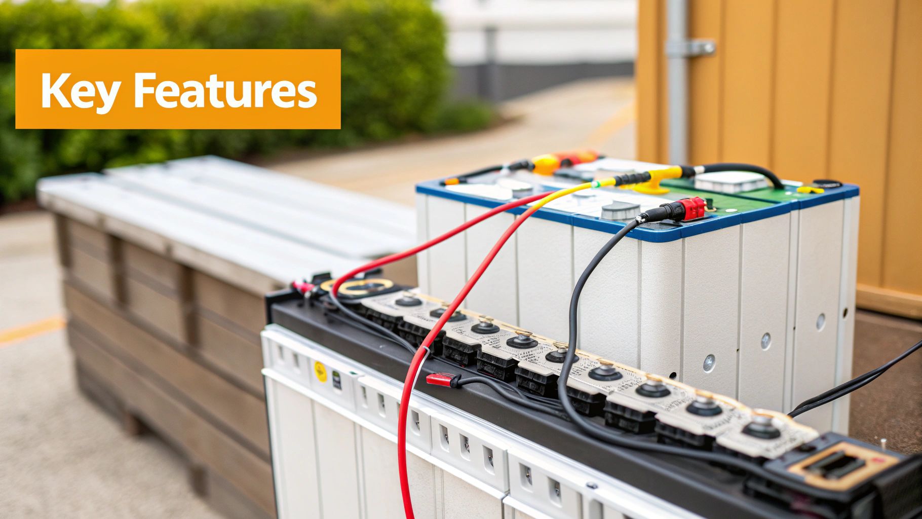 A close-up of a sleek, wall-mounted home battery backup system in a clean, modern garage.