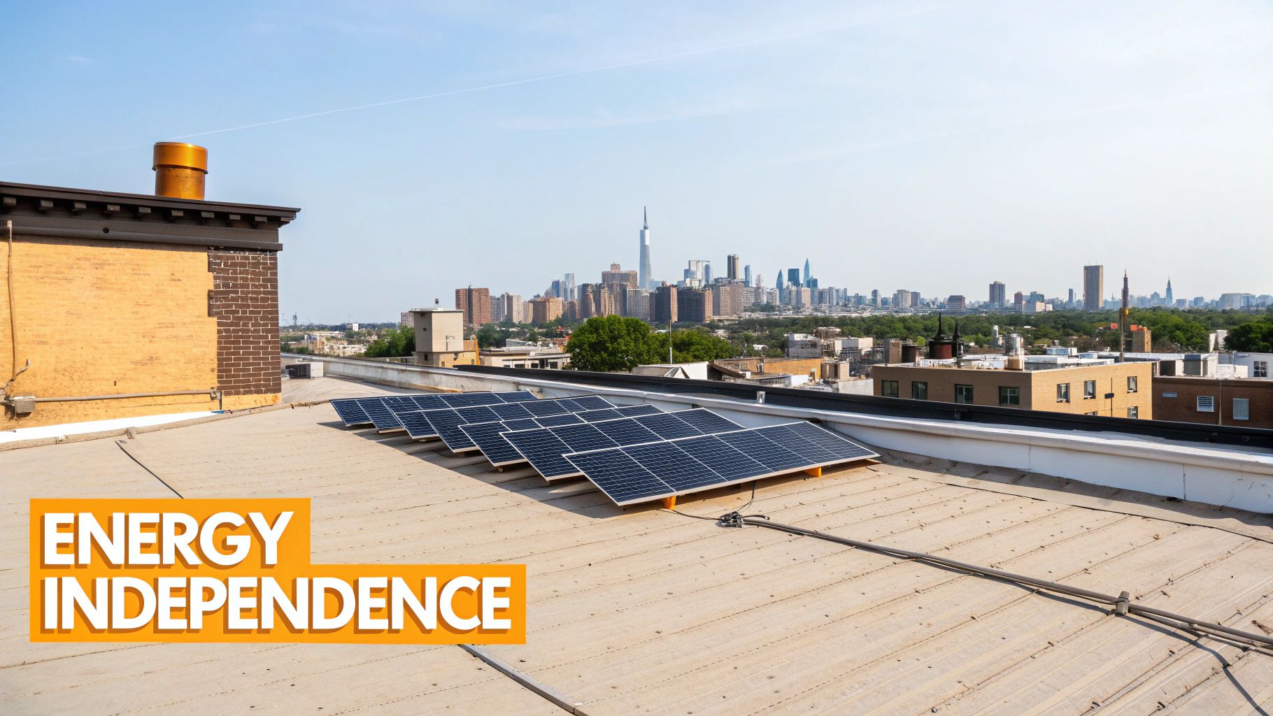 A modern home with solar panels installed on its roof, set against a bright, sunny sky.
