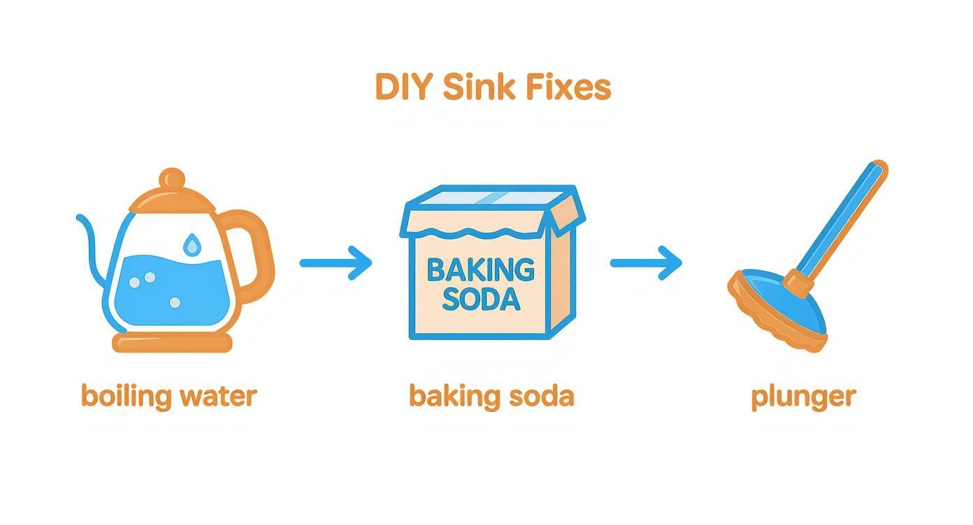 An infographic showing a three-step process for DIY sink fixes, starting with boiling water, then baking soda, and finally a plunger.