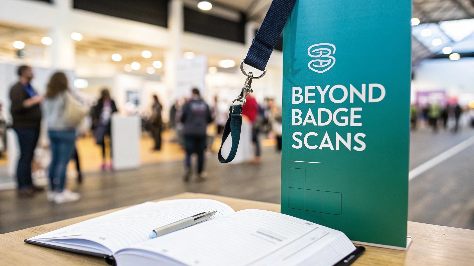 A team of professionals having an engaging discussion at a trade show booth, highlighting effective lead generation.