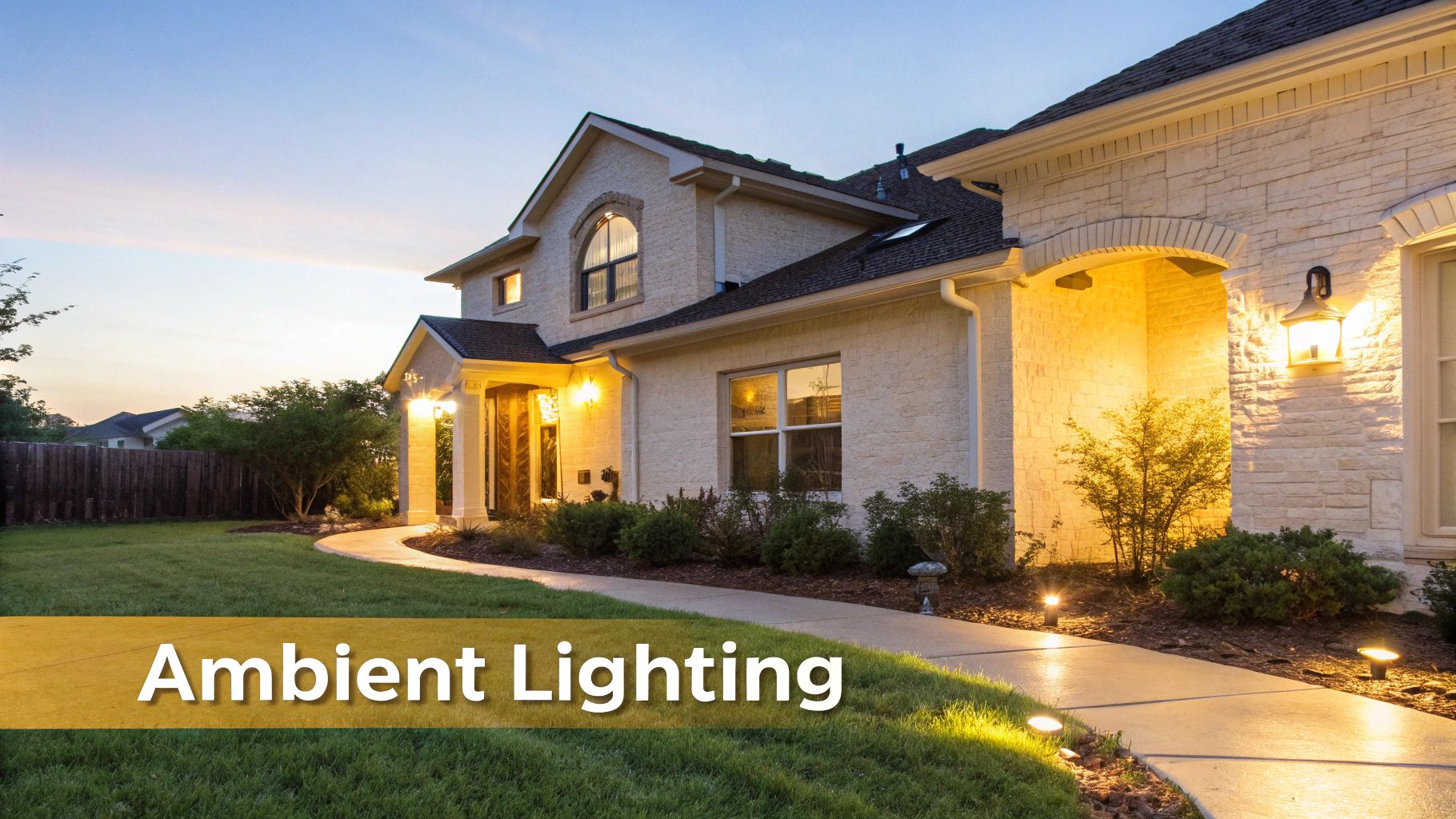 A beautifully lit home at dusk with strategic outdoor lighting highlighting trees and walkways.