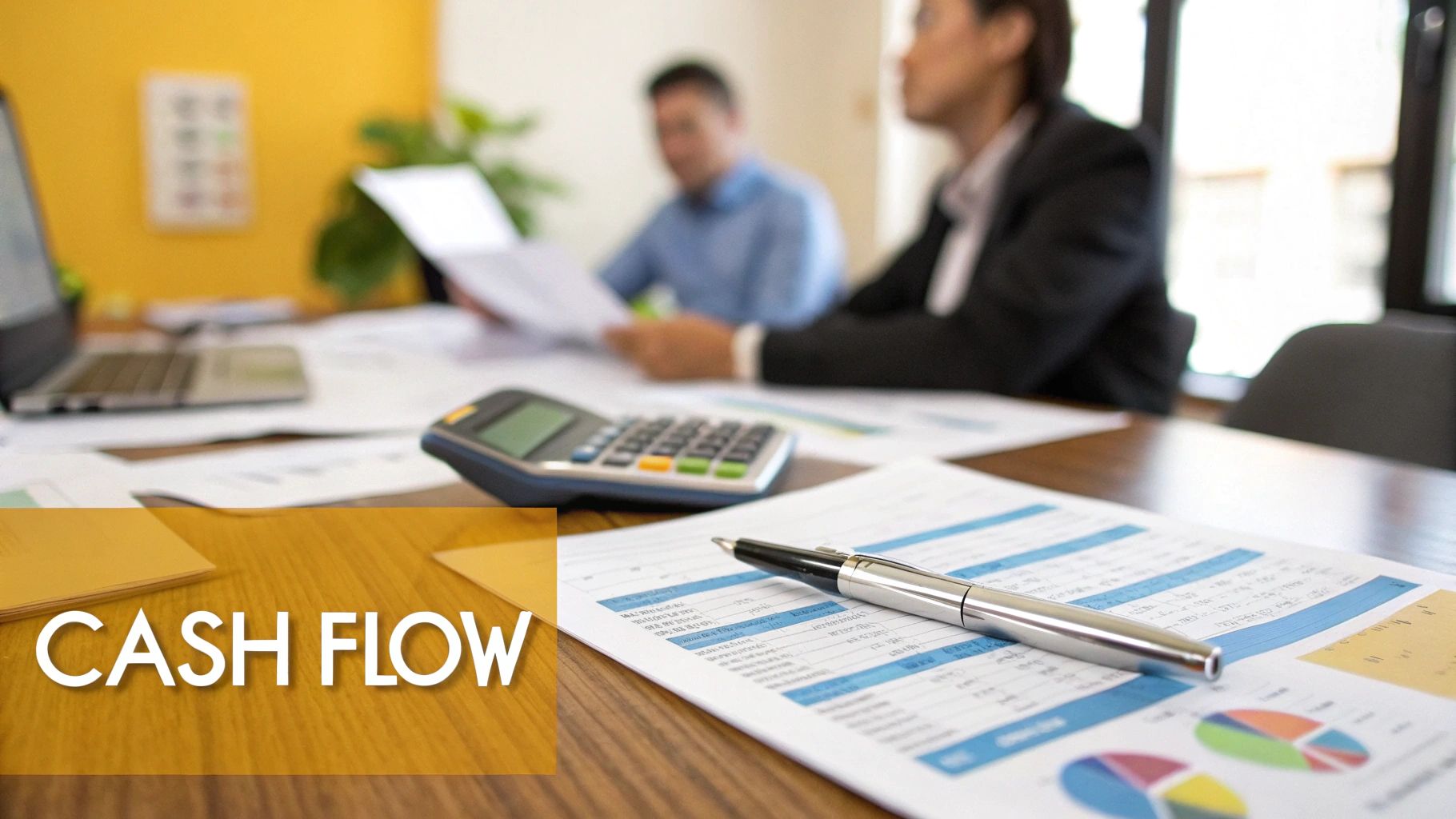 A professional business setting with charts in the background, illustrating financial growth and improved cash flow from leasing vehicles.