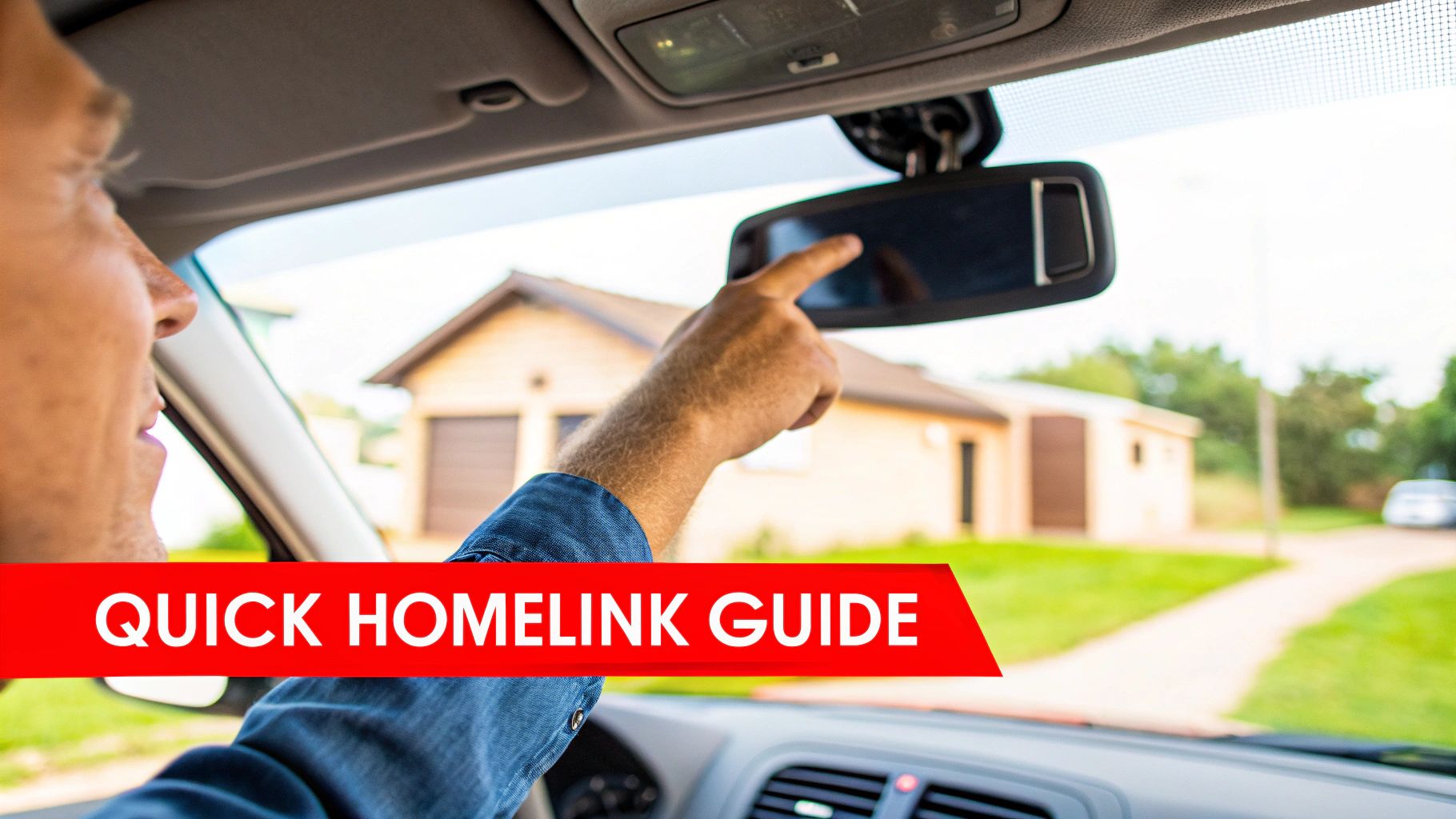 A person pressing the HomeLink button inside a modern vehicle.