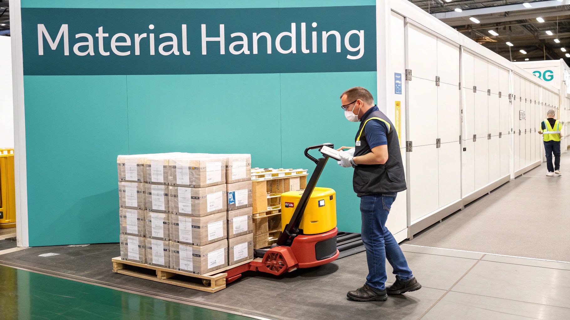 Crates being moved by a forklift in a convention center