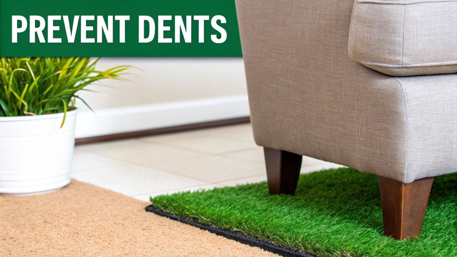 Furniture coasters protecting a light-colored carpet from a heavy wooden table leg.