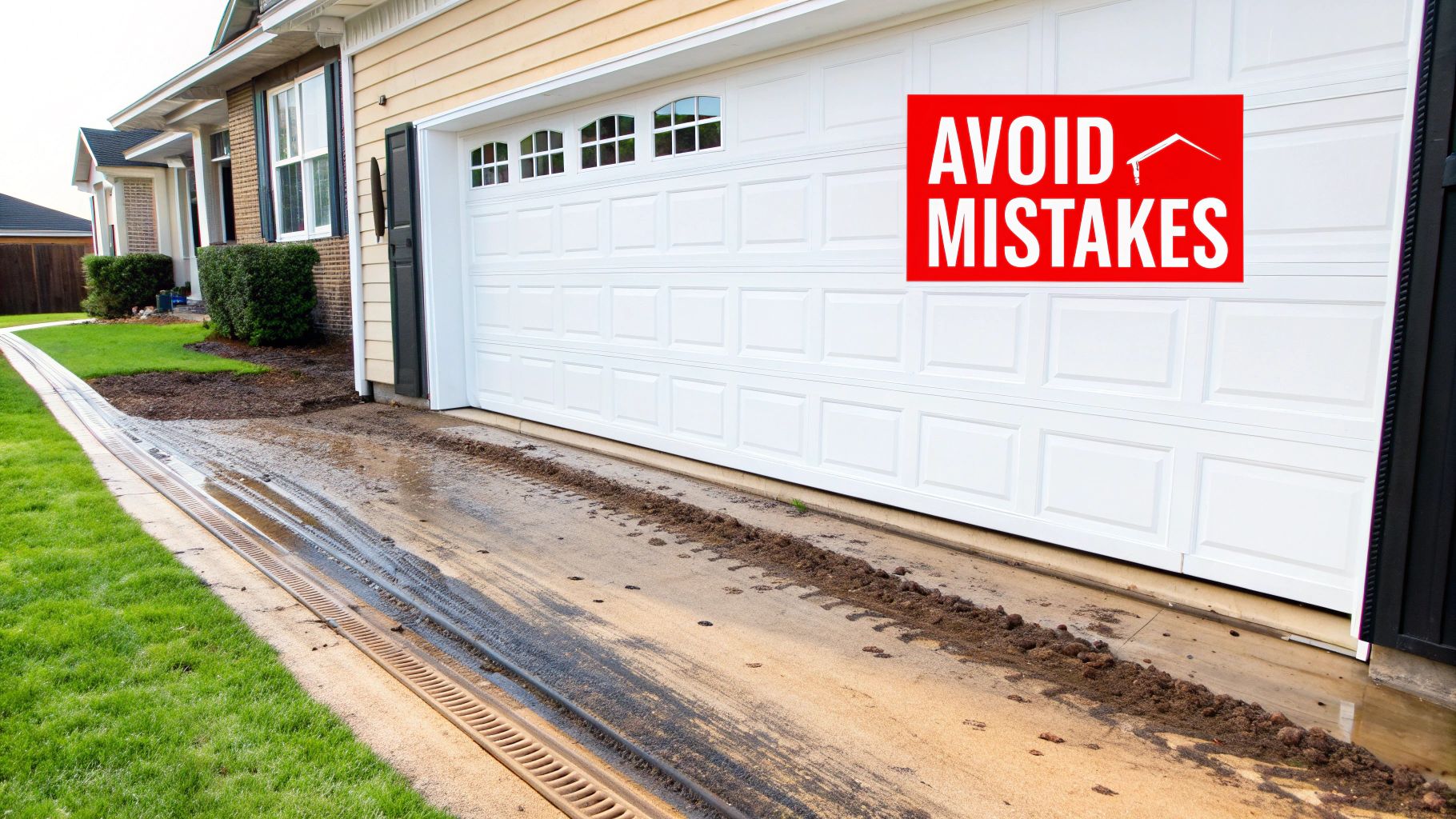 A close-up shot of a garage door track with a roller inside, showing the incorrect application of grease which has attracted dirt and grime.