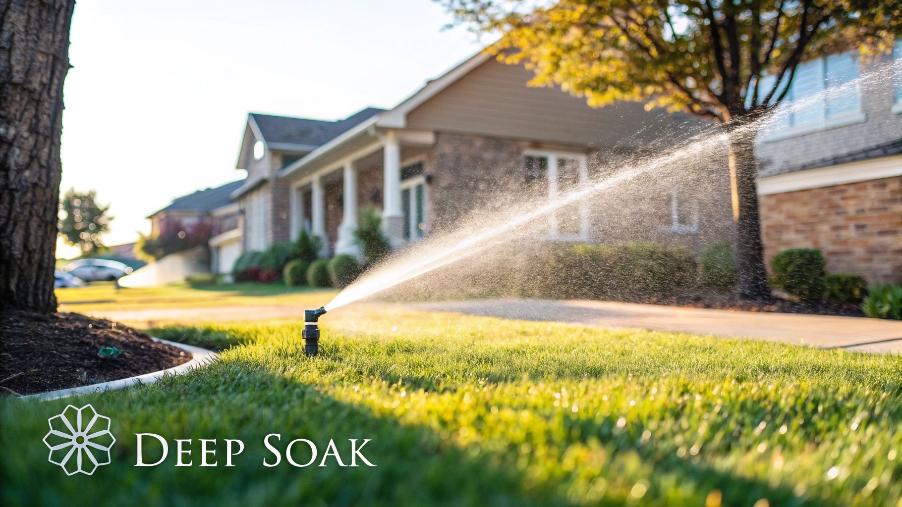 A healthy, green lawn with a sprinkler system running in the morning sun.