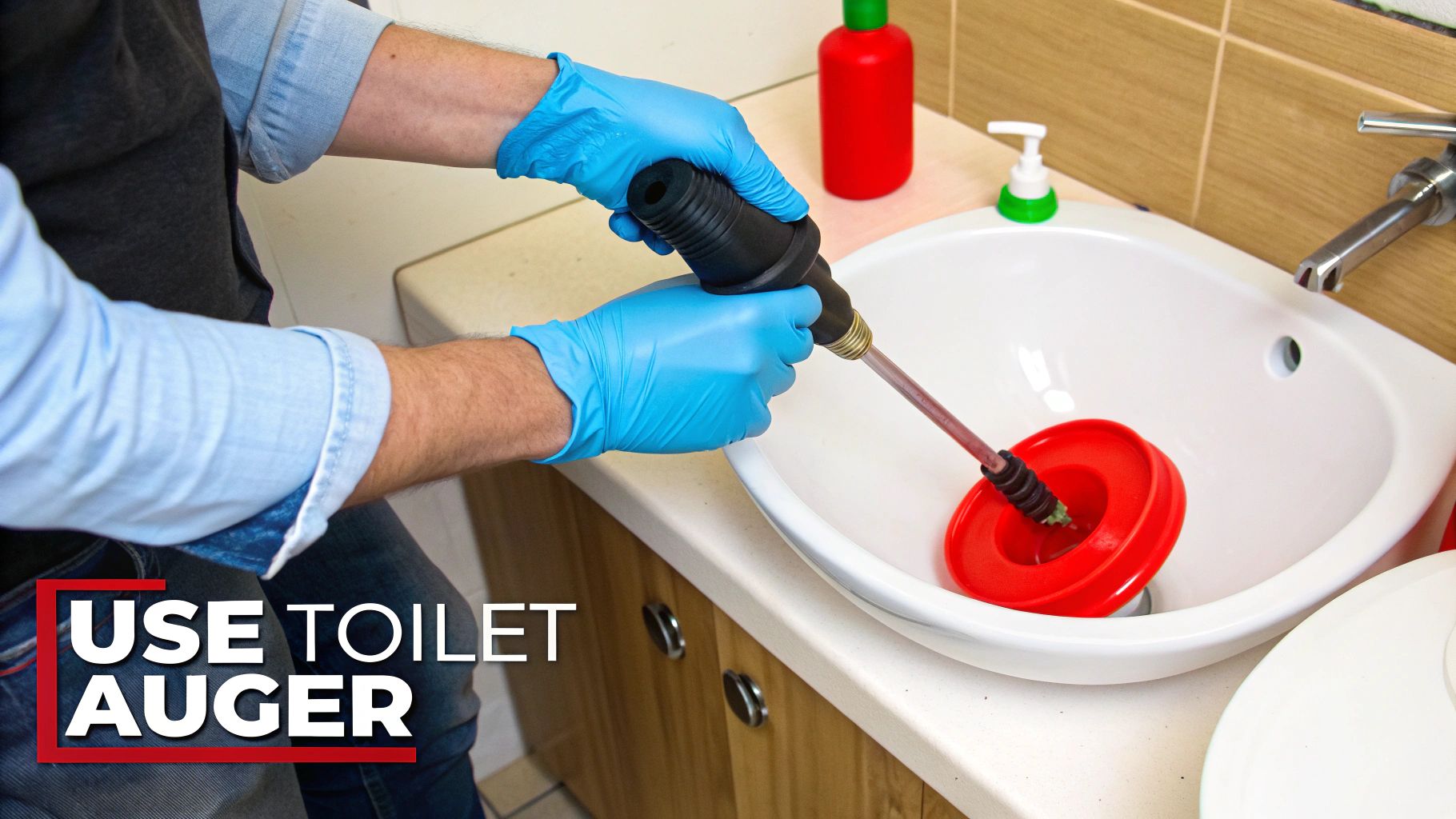 A toilet auger is carefully used to clear a stubborn clog in a toilet bowl.
