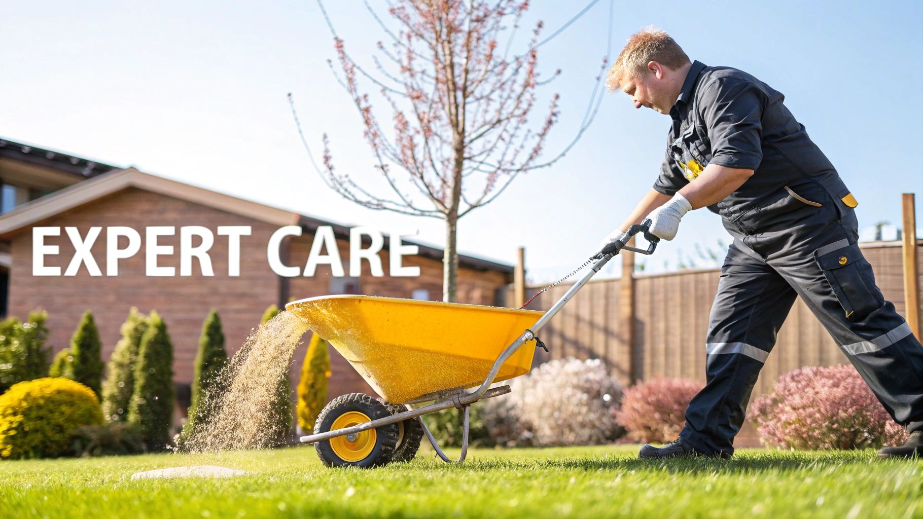 A professional landscaper from Fischer Landscaping applies lawn treatment with calibrated equipment.