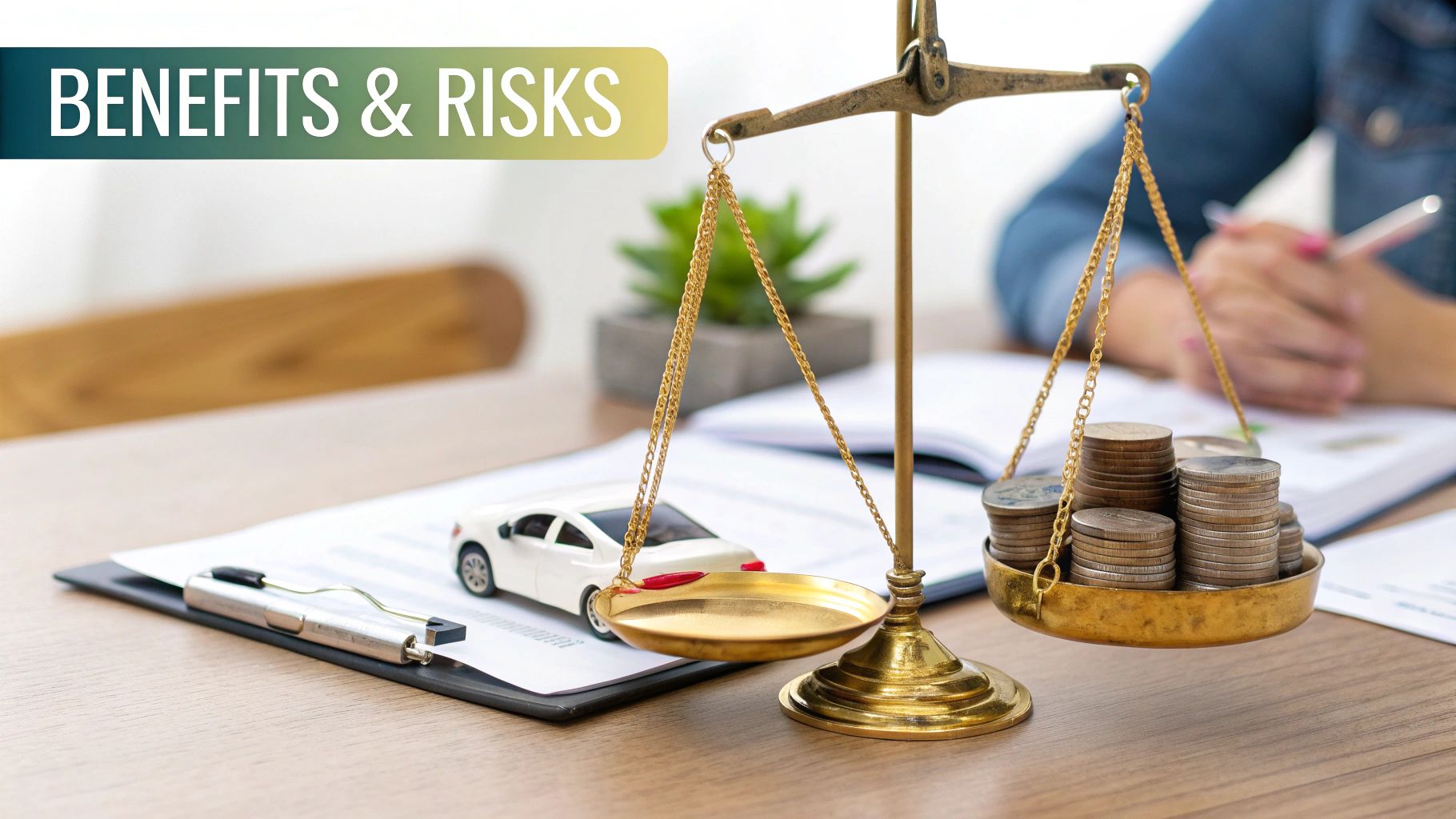 A pair of scales balancing the pros and cons of a decision.