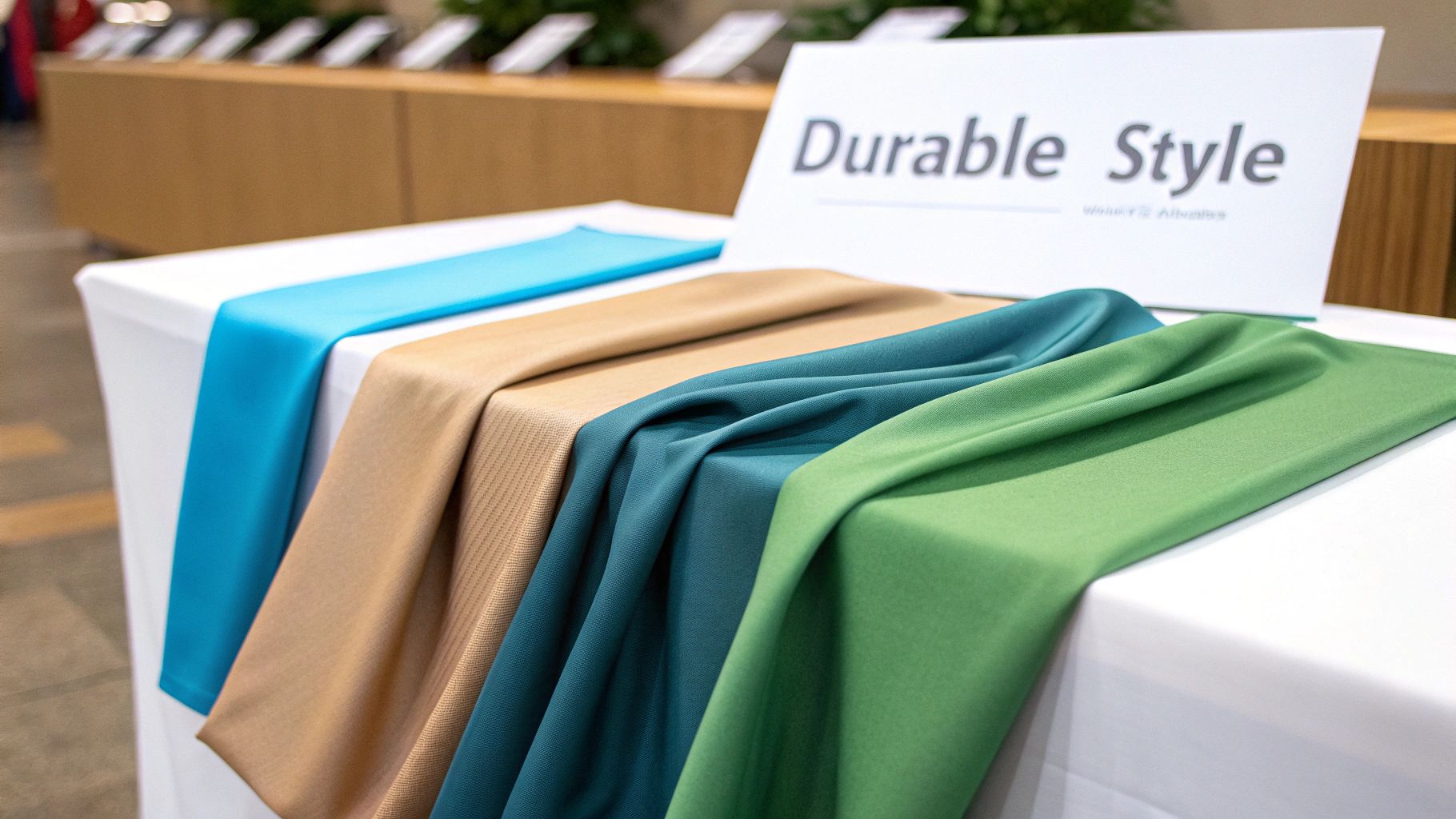 A sleek, custom stretch table cover in blue with a white logo, perfectly fitting the table at a trade show to create a modern and professional look.