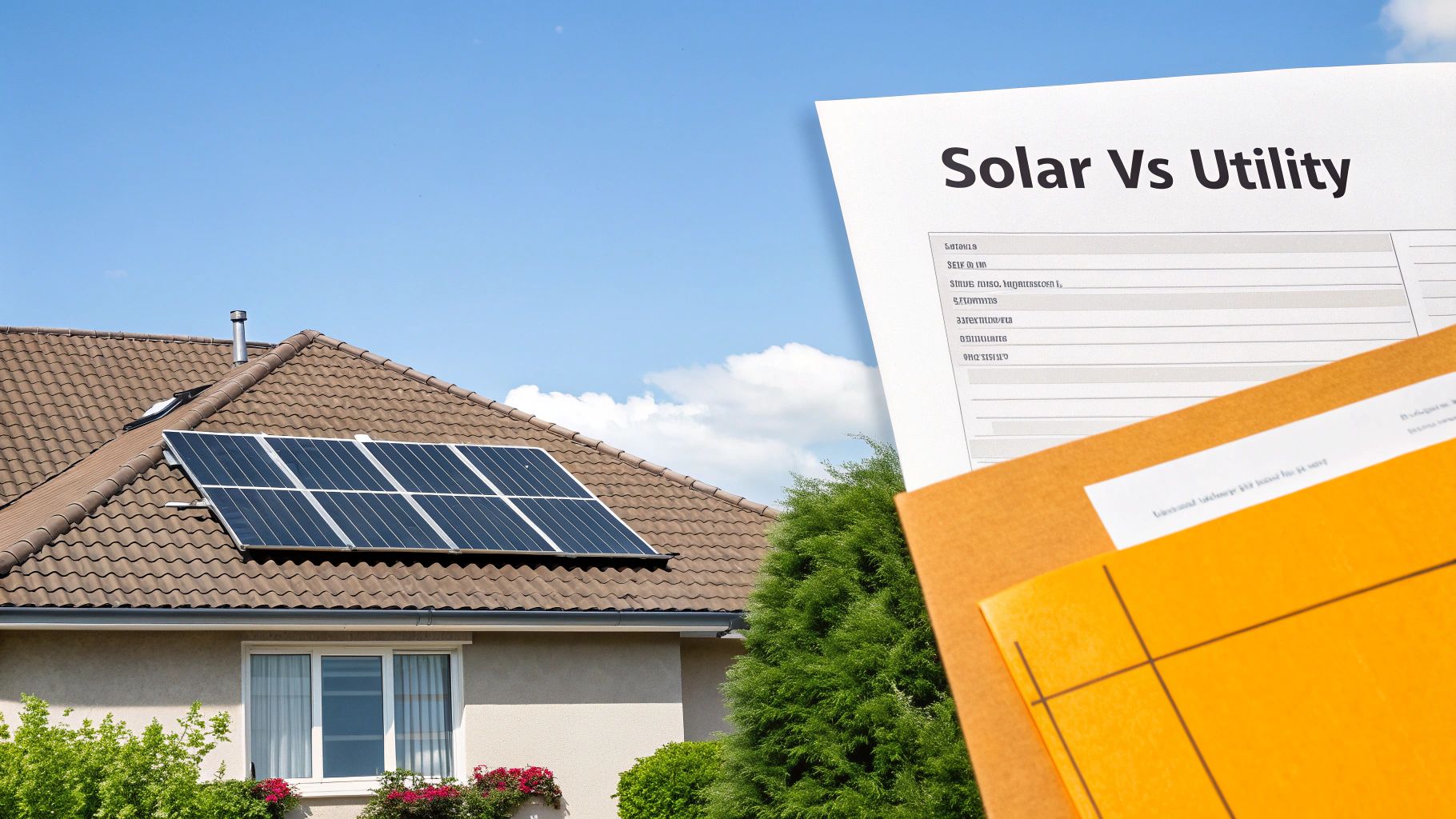 A split image showing a sunny solar panel on one side and a traditional power line pylon on the other, symbolizing the choice between two energy sources.