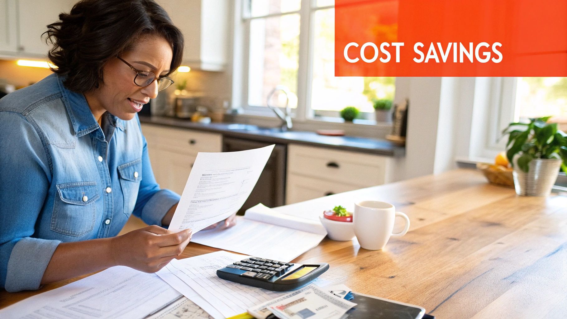 A person reviewing financial documents and a calculator on a desk, representing budgeting for HVAC costs.